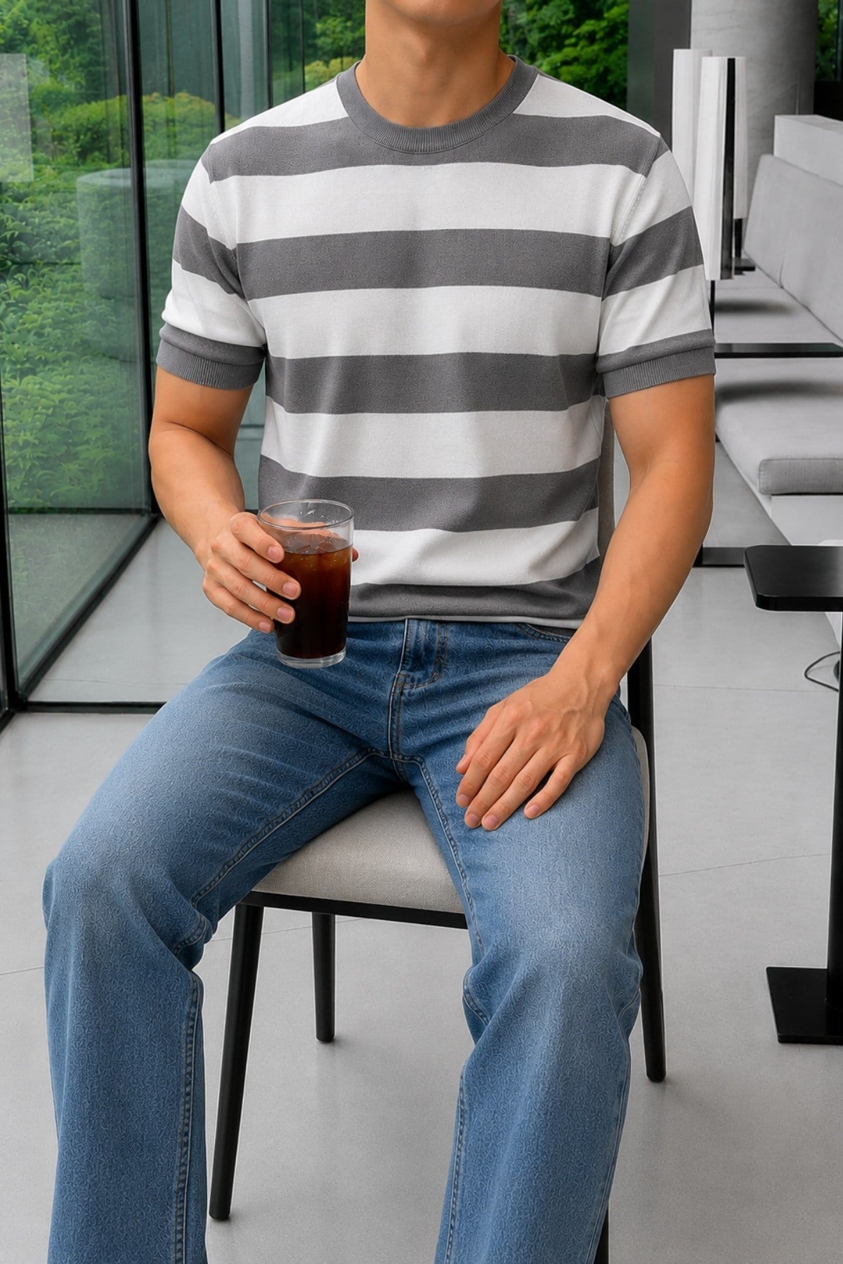 Tarz CoolT-shirtTC-CZTRKES-026-Gri-MErkek Çizgili Triko Tişört Bisiklet Yaka Slim Fit Yazlık İnce Dokulu