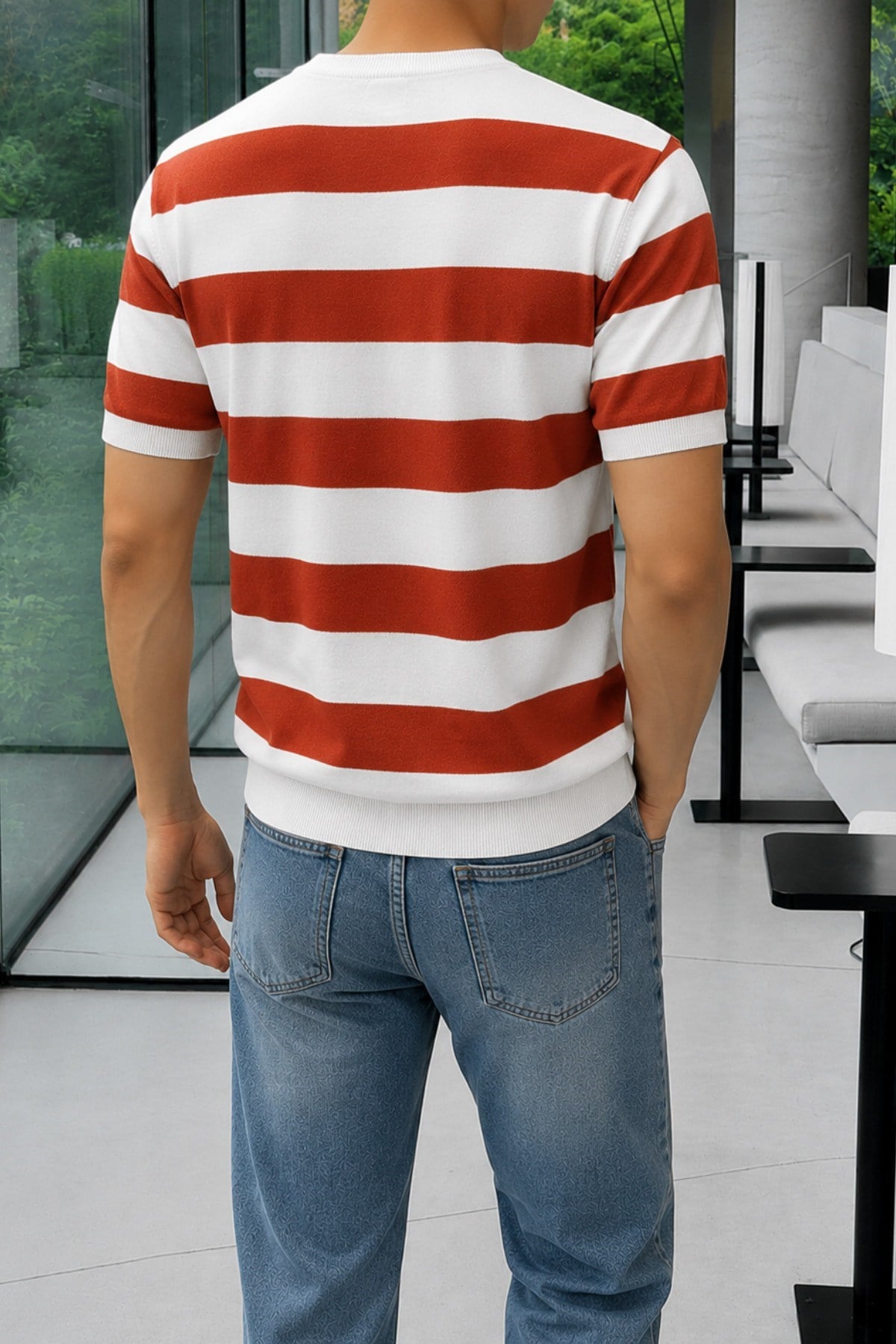 Tarz CoolT-shirtTC-CZTRKES-026-Gri-MErkek Çizgili Triko Tişört Bisiklet Yaka Slim Fit Yazlık İnce Dokulu