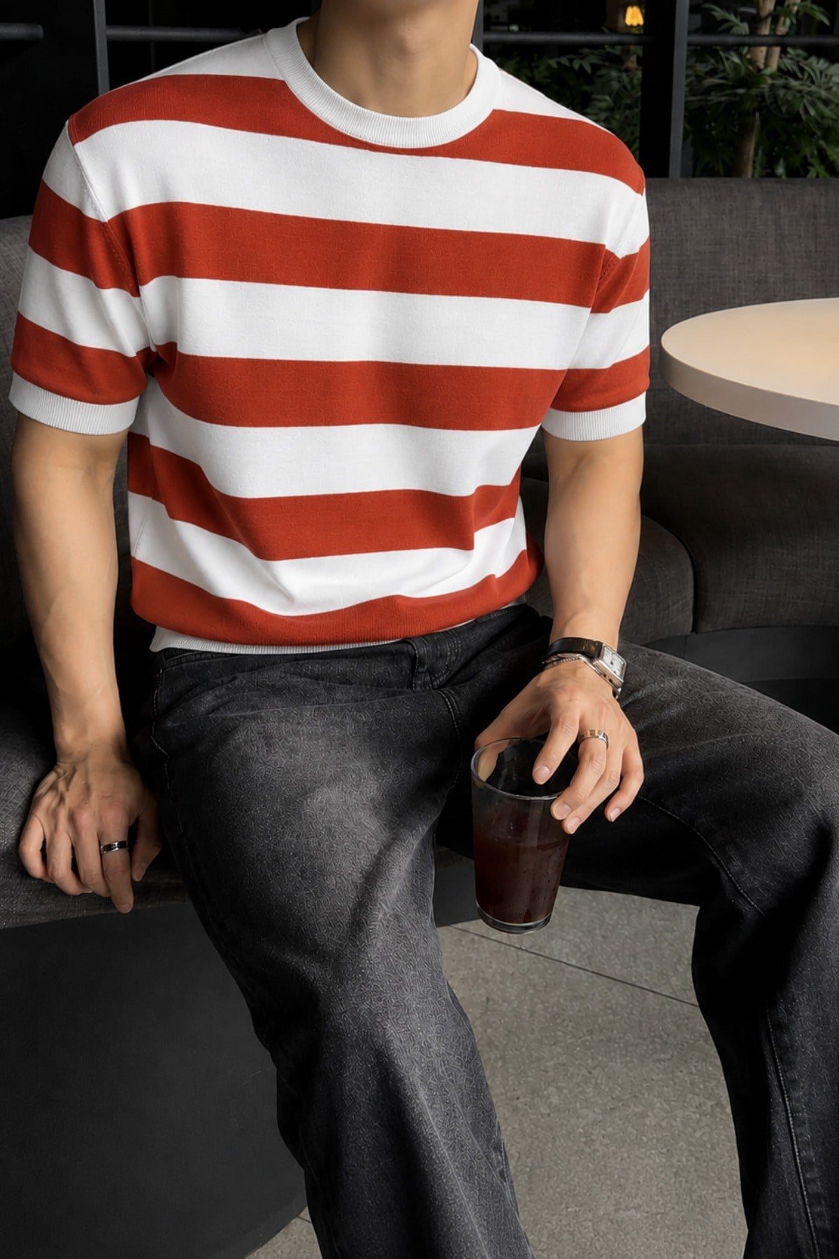Tarz CoolT-shirtTC-CZTRKES-026-Gri-MErkek Çizgili Triko Tişört Bisiklet Yaka Slim Fit Yazlık İnce Dokulu