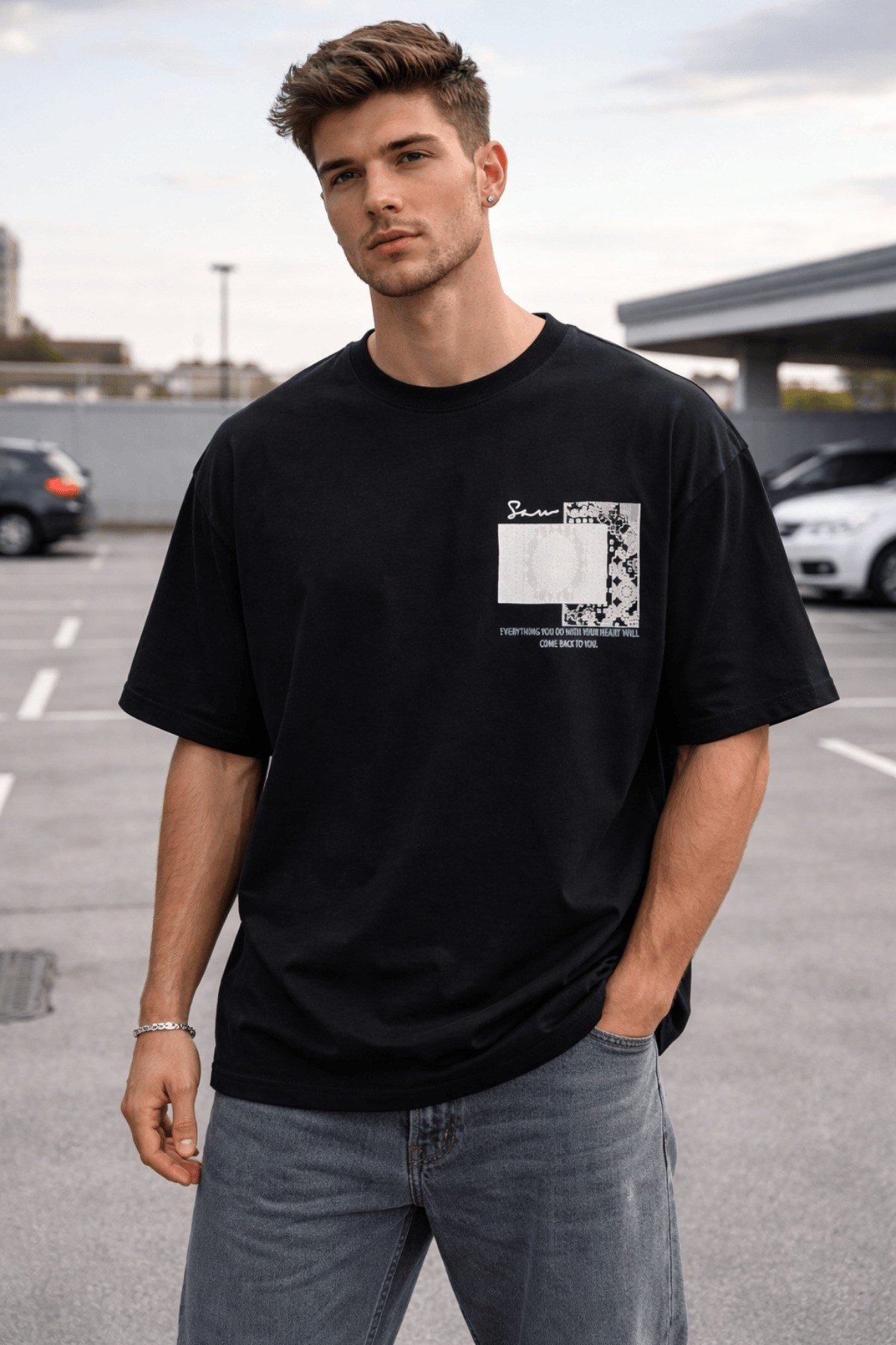Tarz CoolT-shirtTC-ERK-OVR-SY-LOversize Erkek Tişört Baskılı Pamuklu Rahat Kesim Streetwear Yazlık Basic T-Shirt