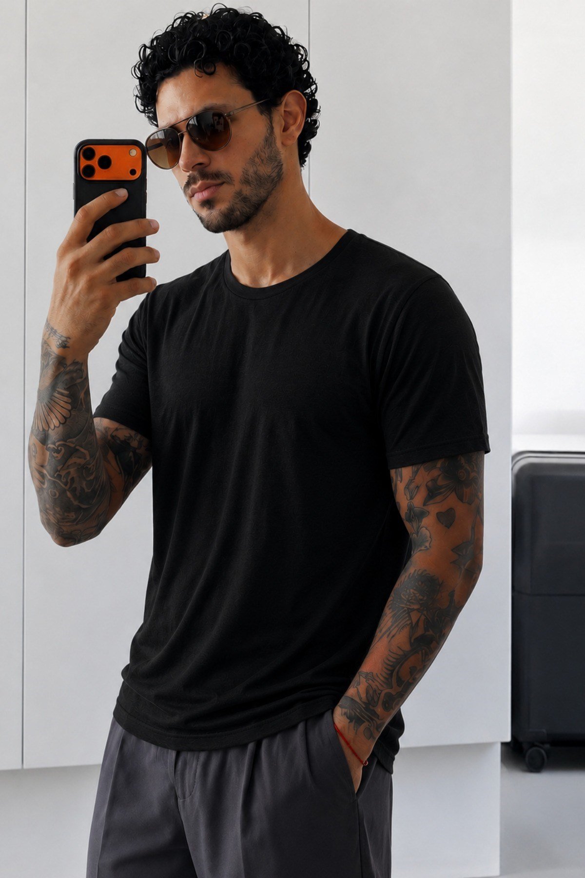 Tarz CoolT-shirtTC-FLM-BYK-2602-Siyah-XLErkek Flamlı Pamuklu Bisiklet Yaka Basic Slim Fit Tişört Yazlık Günlük Şık Tişört