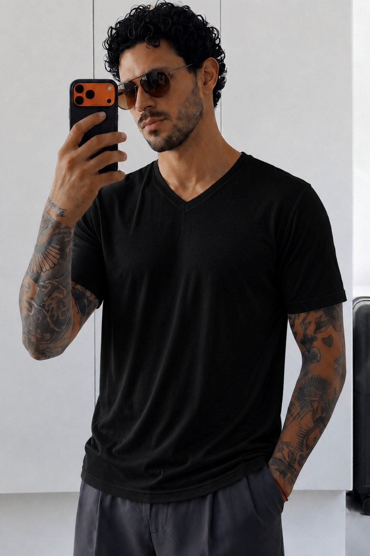 Tarz CoolT-shirtTC-FLM-VYK-2601-Beyaz-XLErkek Flamlı Pamuklu V Yaka Basic Slim Fit Tişört Yazlık Günlük Şık Tişört