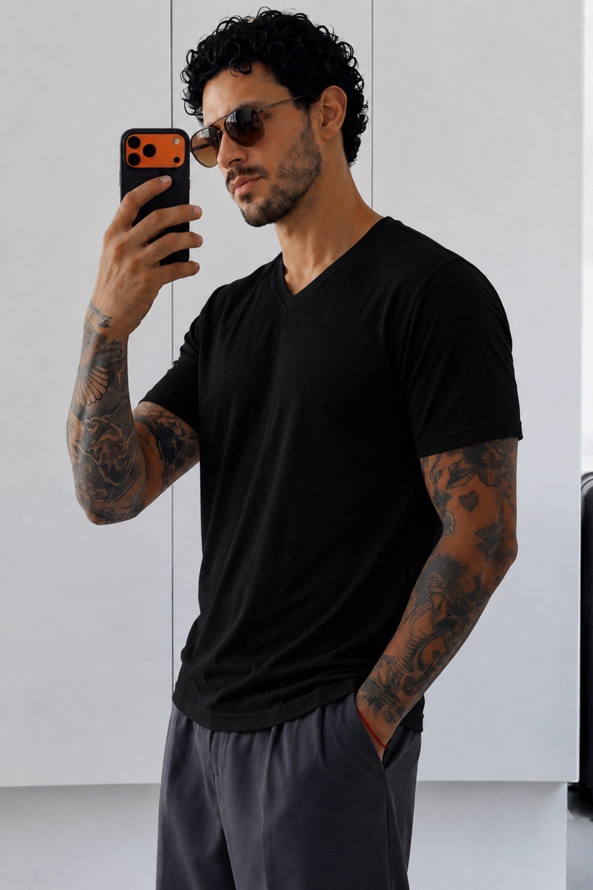 Tarz CoolT-shirtTC-FLM-VYK-2601-Beyaz-XLErkek Flamlı Pamuklu V Yaka Basic Slim Fit Tişört Yazlık Günlük Şık Tişört