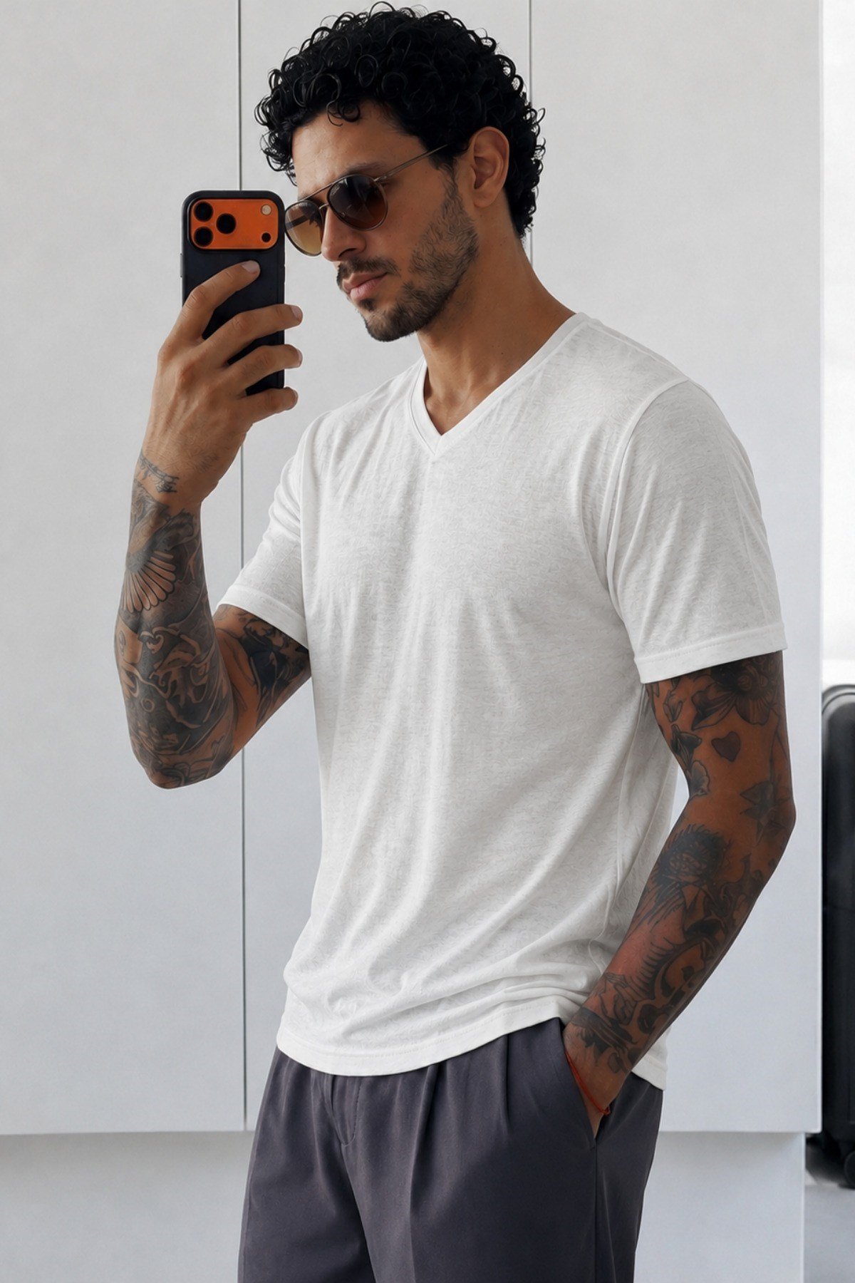 Tarz CoolT-shirtTC-FLM-VYK-2601-Beyaz-XLErkek Flamlı Pamuklu V Yaka Basic Slim Fit Tişört Yazlık Günlük Şık Tişört
