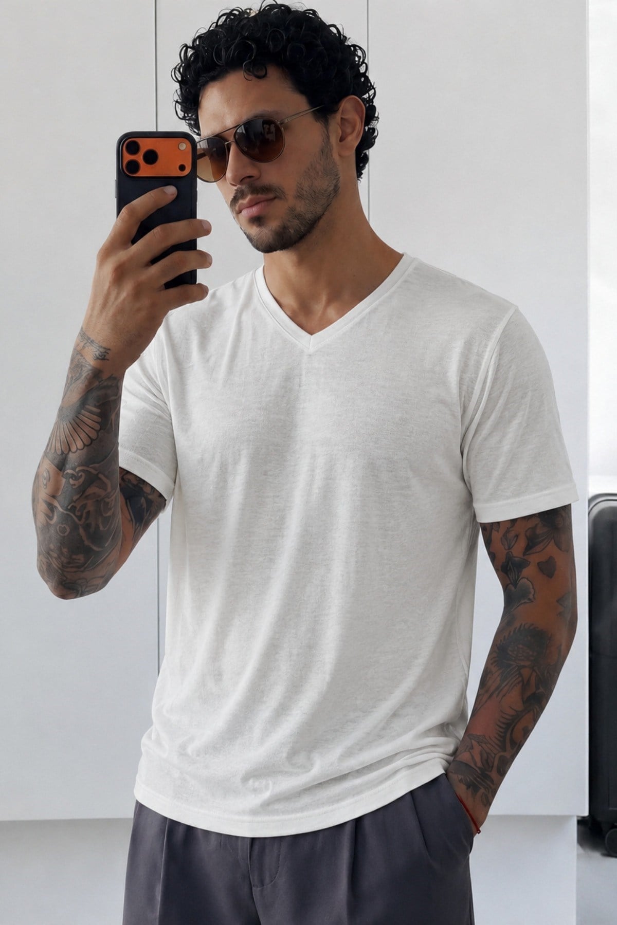 Tarz CoolT-shirtTC-FLM-VYK-2601-Beyaz-XLErkek Flamlı Pamuklu V Yaka Basic Slim Fit Tişört Yazlık Günlük Şık Tişört