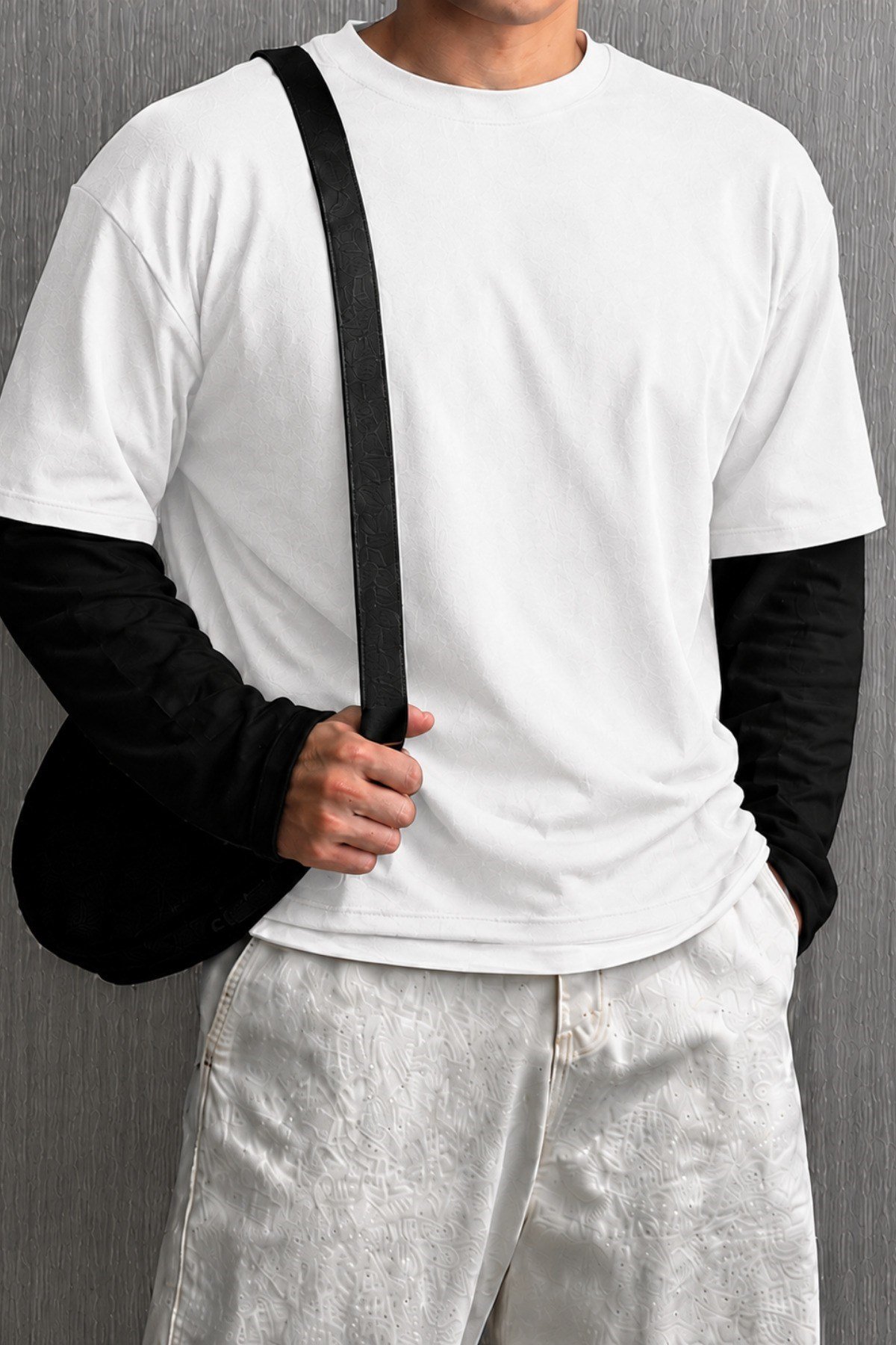 Tarz CoolT-shirtTC-KATMAN26-Beyaz-LErkek Beyaz Siyah Katmanlı Bisiklet Yaka %100 Pamuk Oversize Tişört