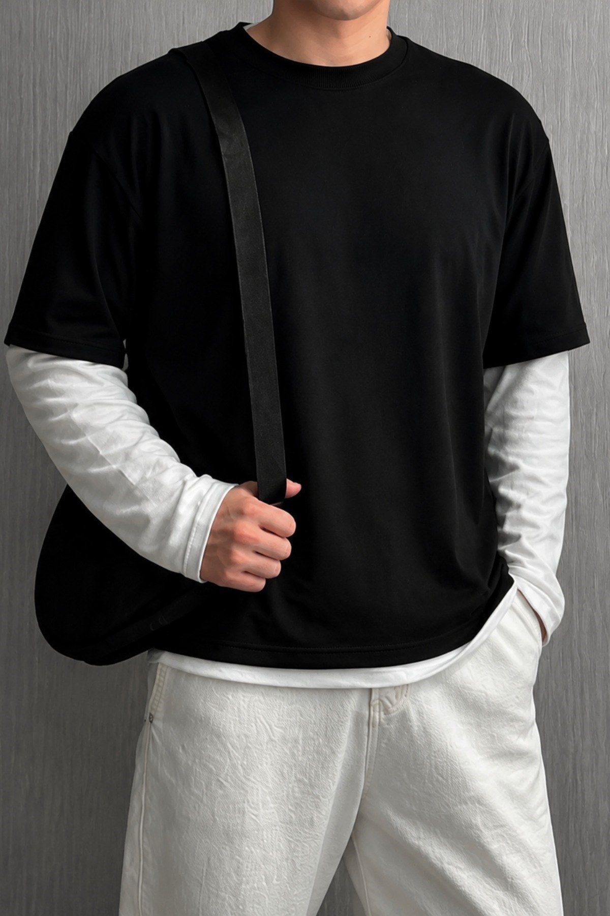 Tarz CoolT-shirtTC-KATMAN26-Beyaz-LErkek Beyaz Siyah Katmanlı Bisiklet Yaka %100 Pamuk Oversize Tişört