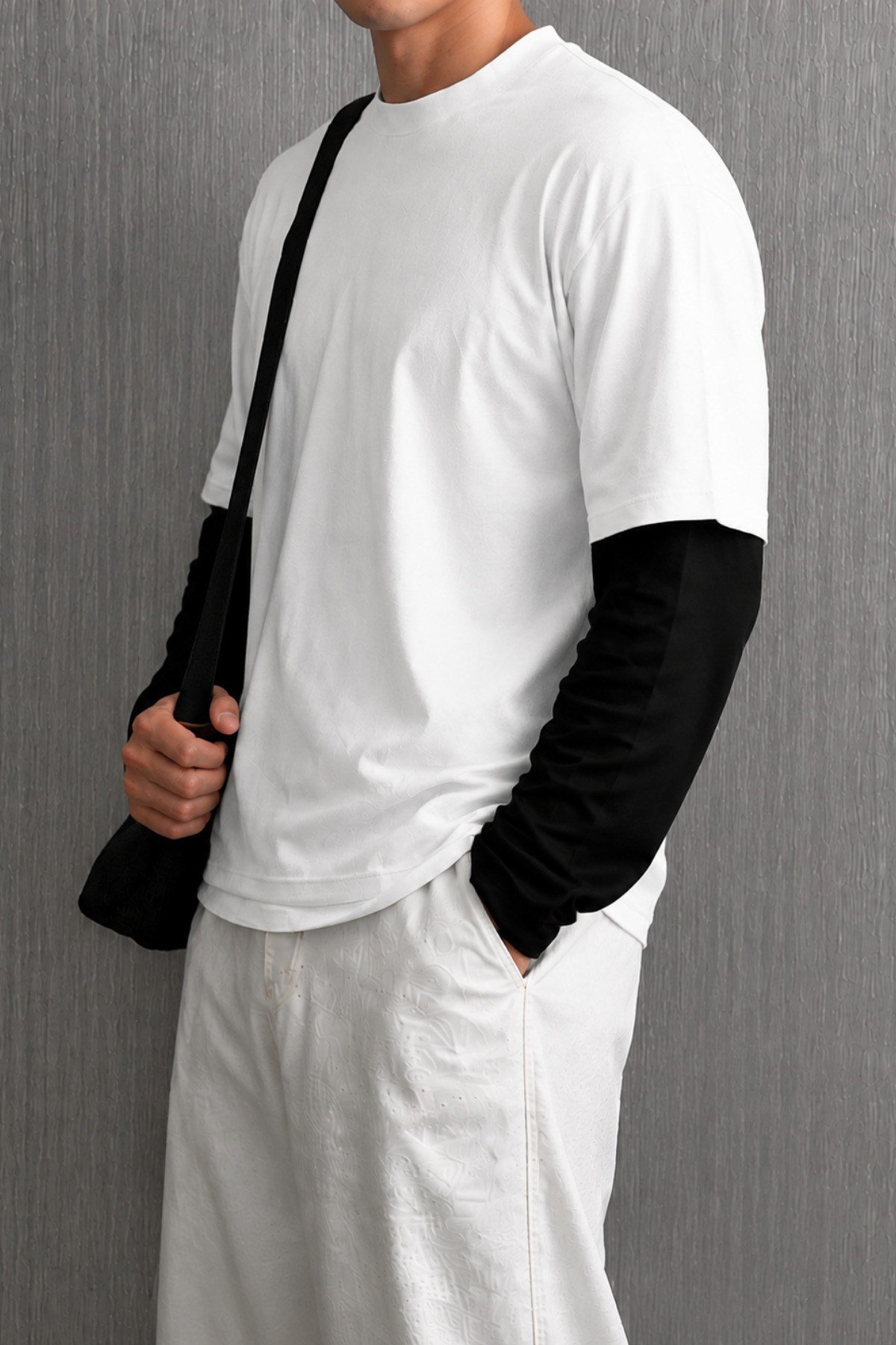 Tarz CoolT-shirtTC-KATMAN26-Beyaz-LErkek Beyaz Siyah Katmanlı Bisiklet Yaka %100 Pamuk Oversize Tişört