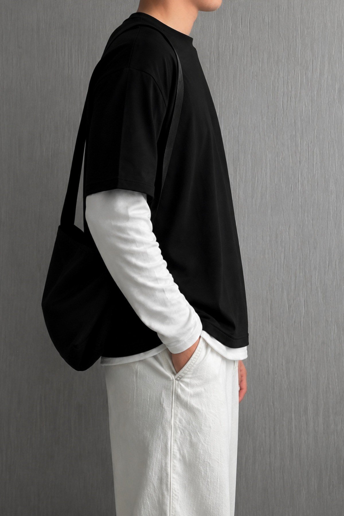 Tarz CoolT-shirtTC-KATMAN26-Beyaz-LErkek Beyaz Siyah Katmanlı Bisiklet Yaka %100 Pamuk Oversize Tişört