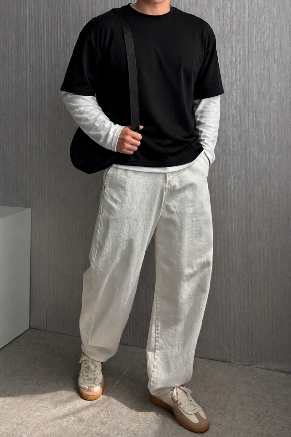 Tarz CoolT-shirtTC-KATMAN26-Beyaz-LErkek Beyaz Siyah Katmanlı Bisiklet Yaka %100 Pamuk Oversize Tişört