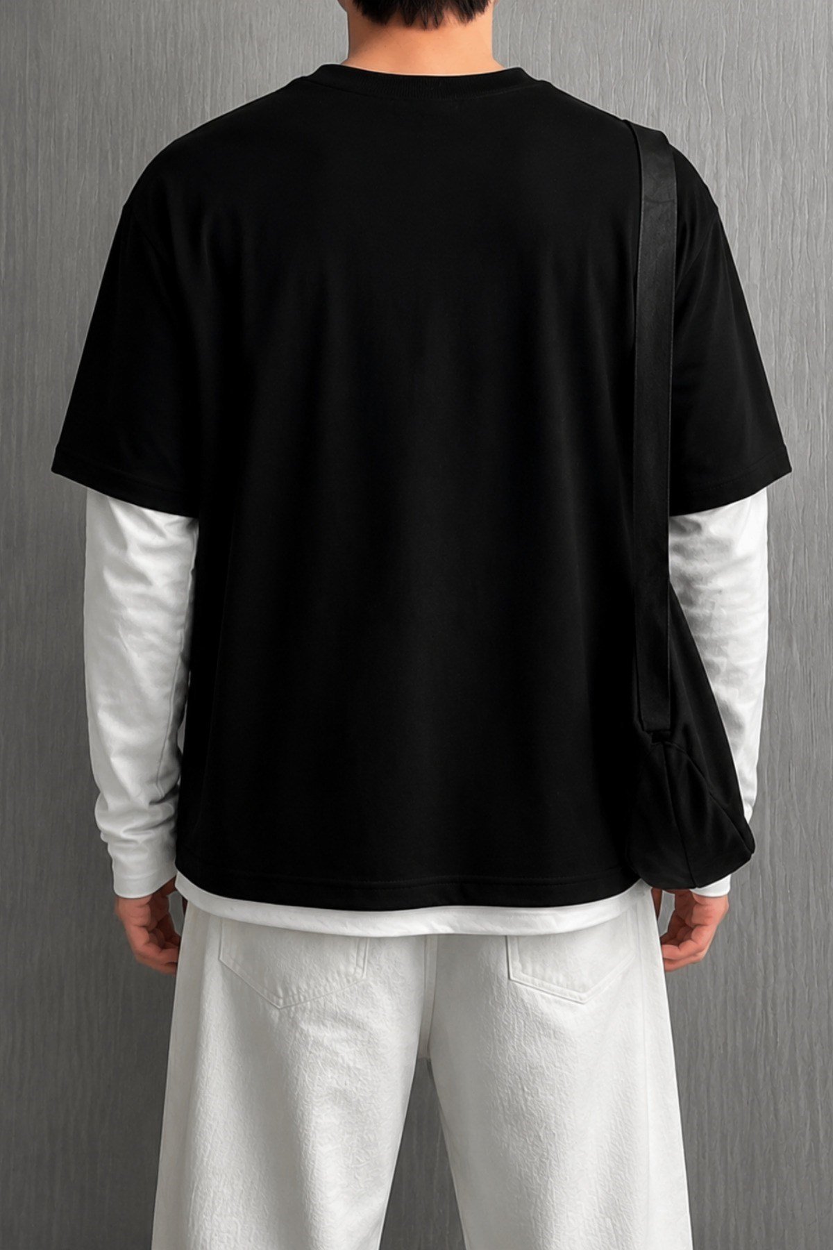Tarz CoolT-shirtTC-KATMAN26-Beyaz-LErkek Beyaz Siyah Katmanlı Bisiklet Yaka %100 Pamuk Oversize Tişört