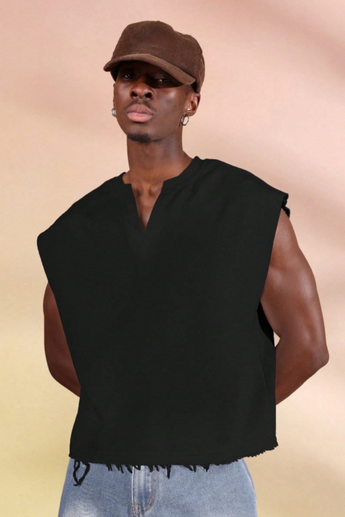 Tarz CoolT-shirtTC-KSS-2603-Siyah-LErkek Oversize Kolsuz Sweatshirt V Yaka Streetwear T-Shirt
