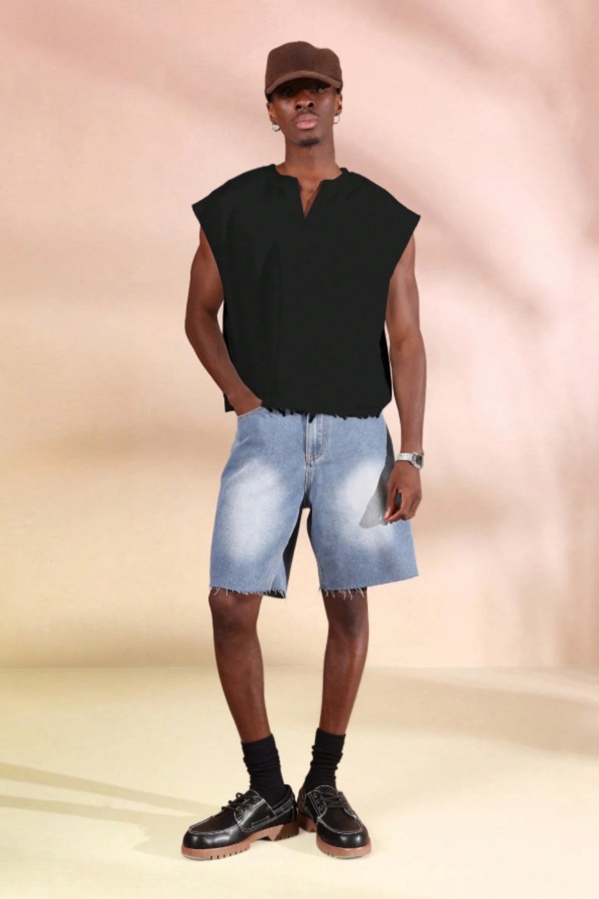 Tarz CoolT-shirtTC-KSS-2603-Siyah-LErkek Oversize Kolsuz Sweatshirt V Yaka Streetwear T-Shirt