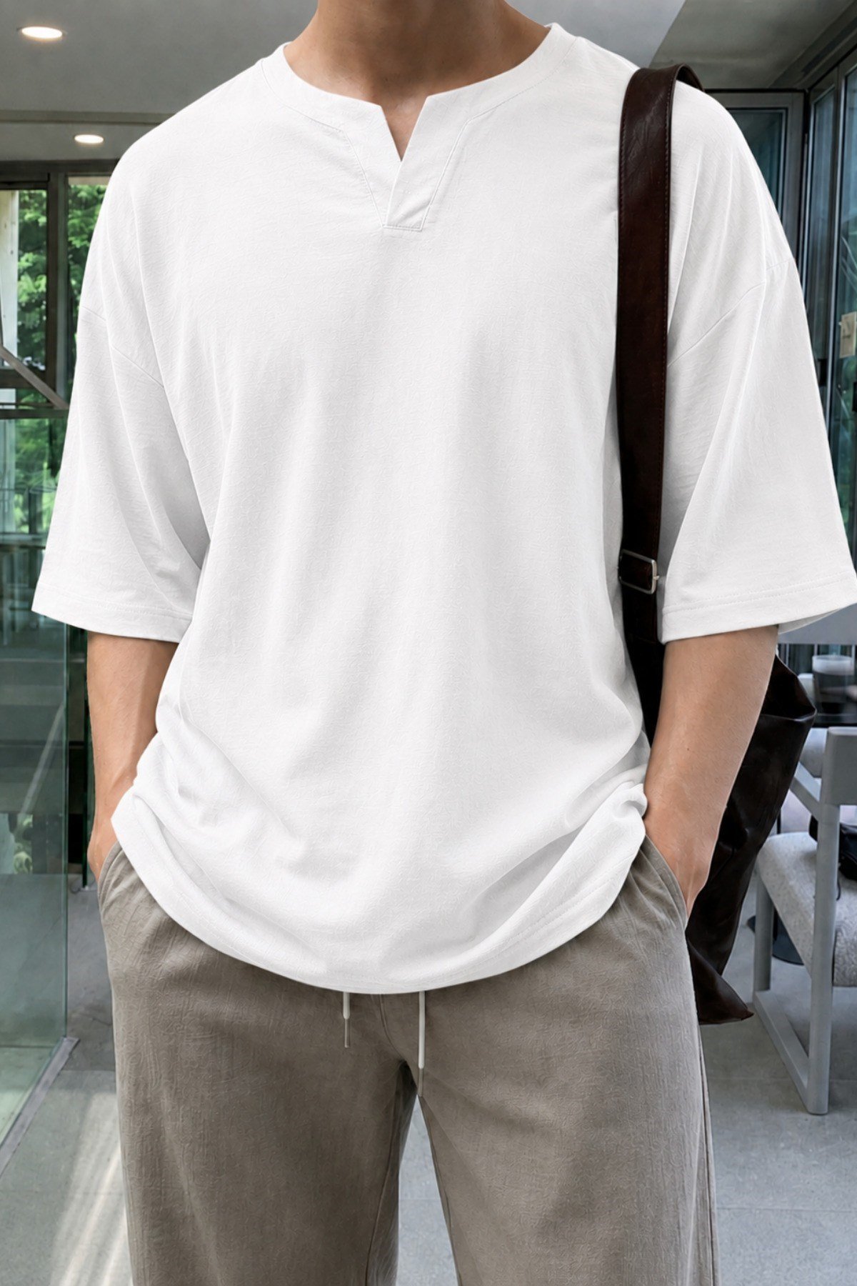 Tarz CoolT-shirtTC-KTN-OVS-21-Beyaz-XLErkek Beyaz Oversize %100 Keten V Yaka Kısa Kollu Tişört – Rahat Kalıp Yazlık Keten T-Shirt
