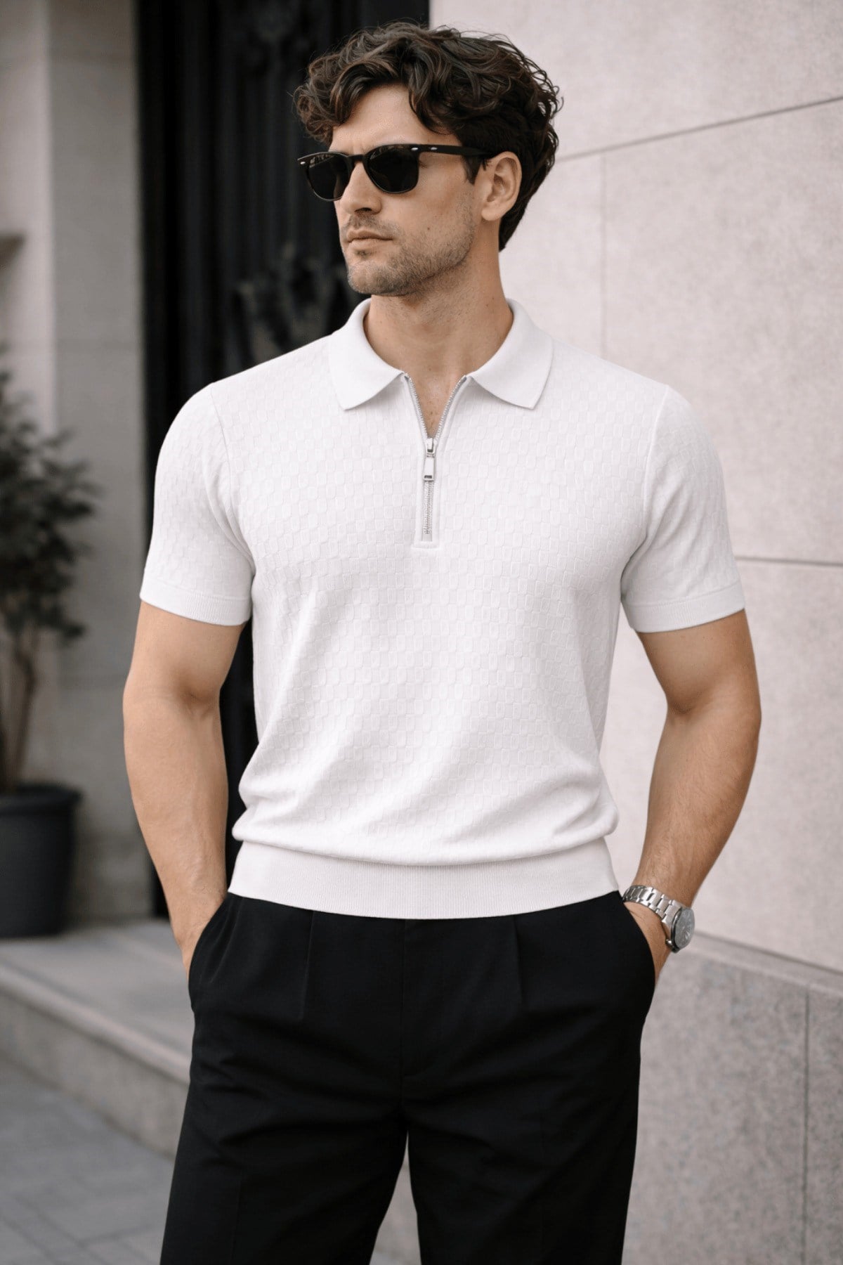 Tarz CoolT-shirtTC-MILANO-PLY-BY-MErkek Fermuarlı Polo Yaka Triko Tişört Slim Fit Dokulu Yazlık Şık Casual