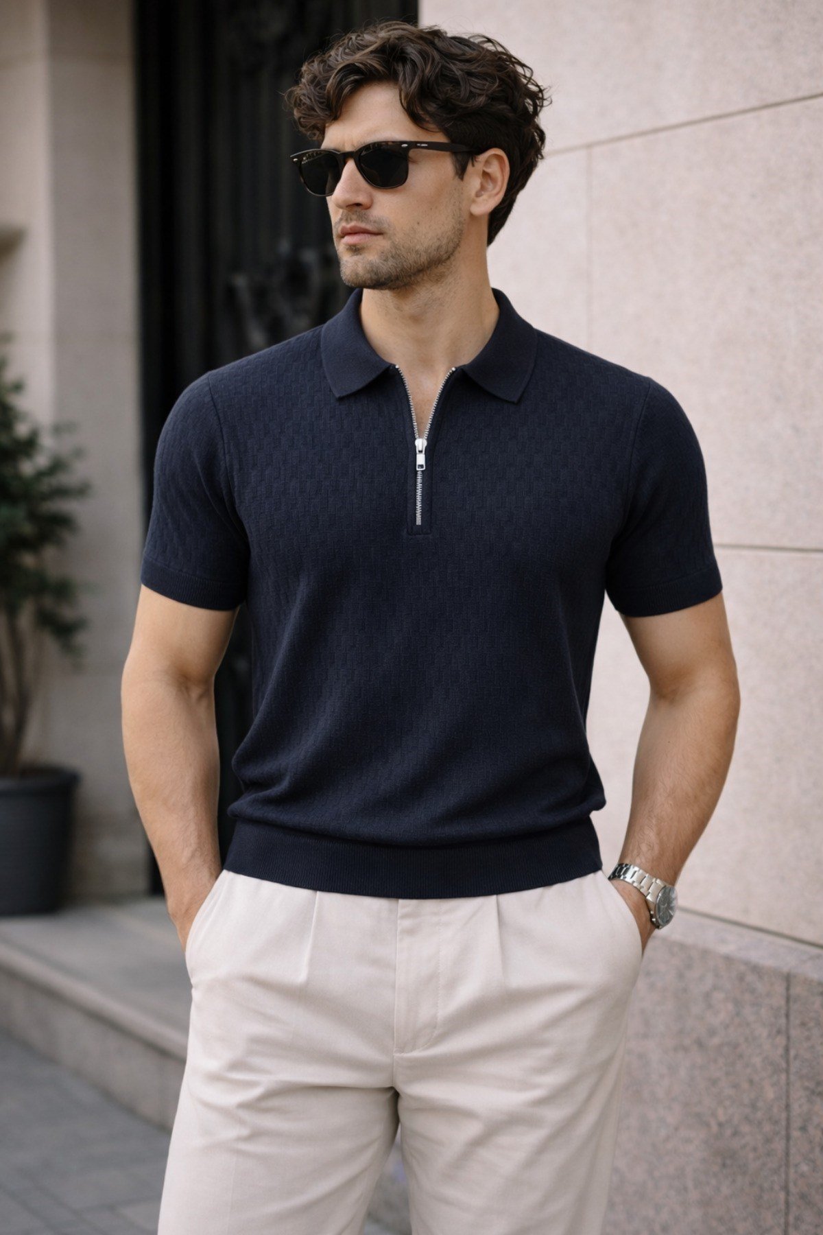 Tarz CoolT-shirtTC-MILANO-PLY-BY-MErkek Fermuarlı Polo Yaka Triko Tişört Slim Fit Dokulu Yazlık Şık Casual
