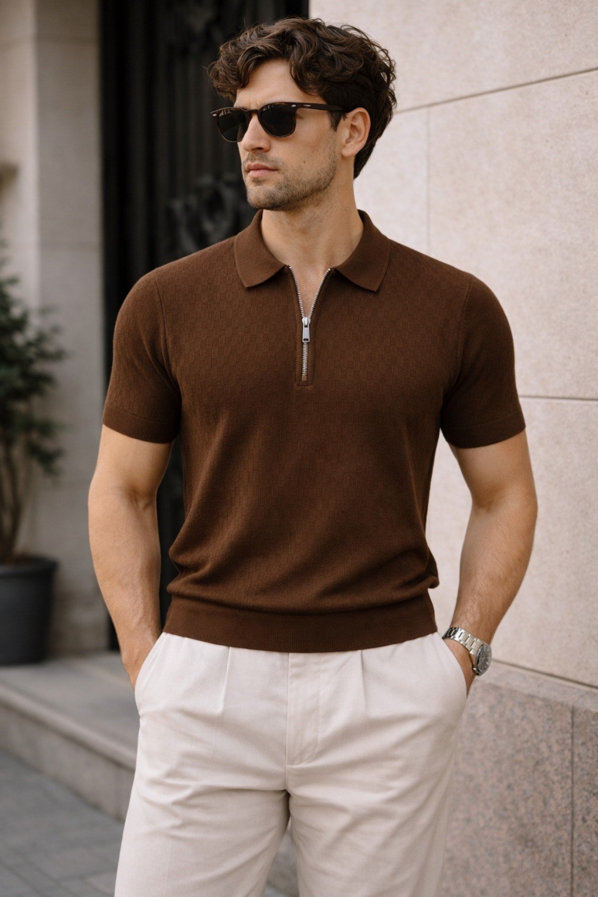 Tarz CoolT-shirtTC-MILANO-PLY-BY-MErkek Fermuarlı Polo Yaka Triko Tişört Slim Fit Dokulu Yazlık Şık Casual