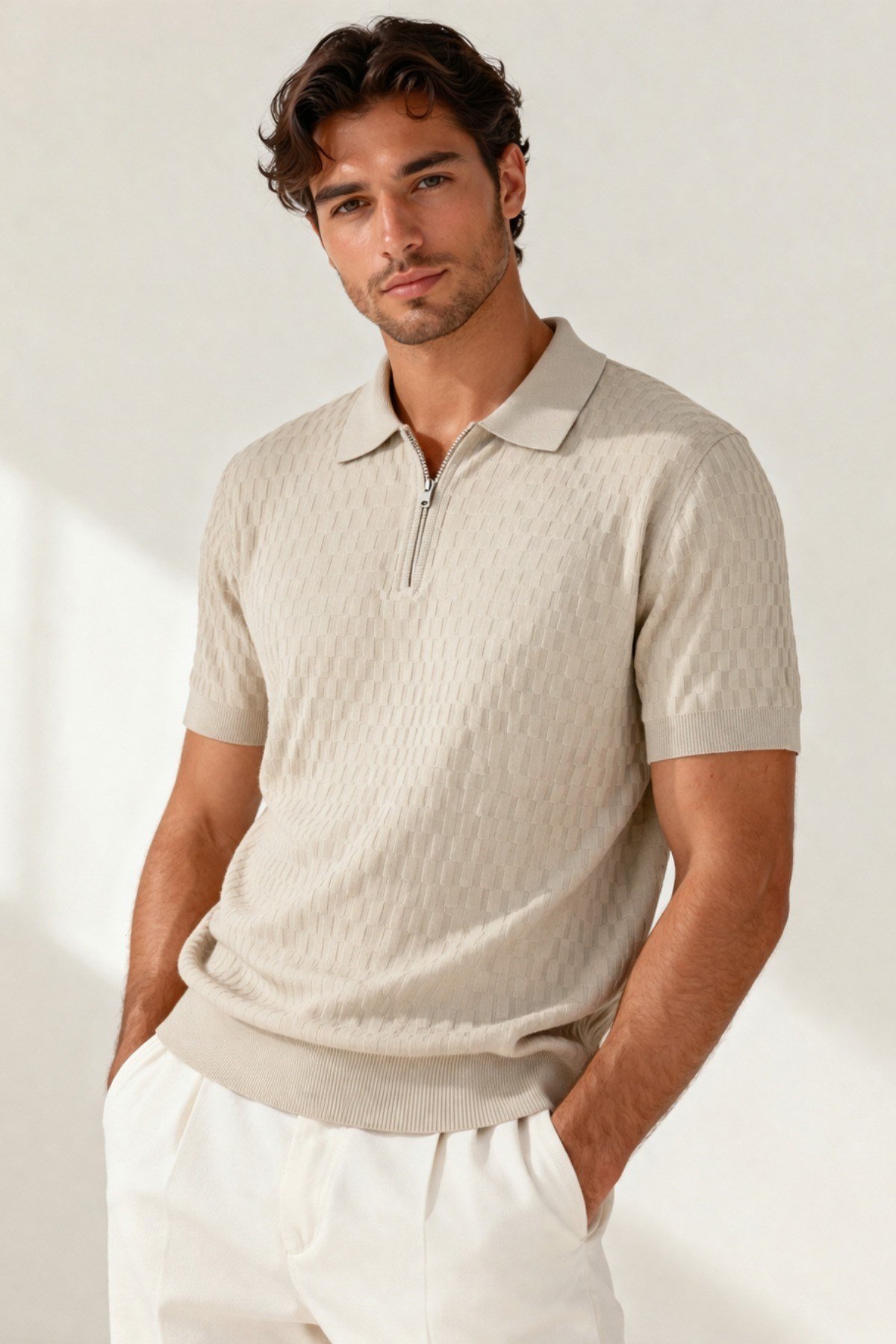 Tarz CoolT-shirtTC-MILANO-PLY-BY-MErkek Fermuarlı Polo Yaka Triko Tişört Slim Fit Dokulu Yazlık Şık Casual