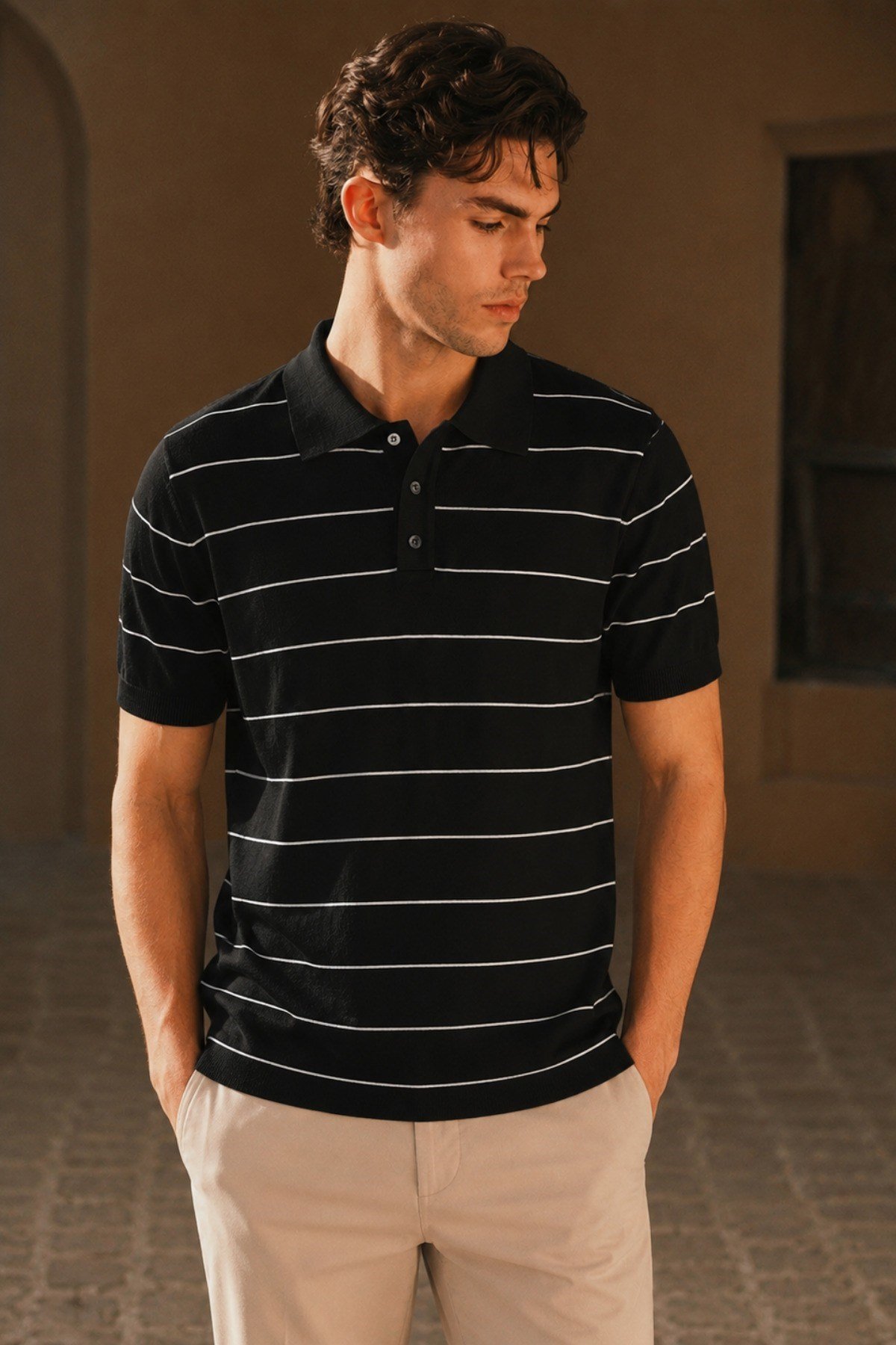 Tarz CoolT-shirtTC-PL-CZG-026-Siyah-SErkek Old Money Çizgili Polo Yaka Triko Tişört Slim Fit