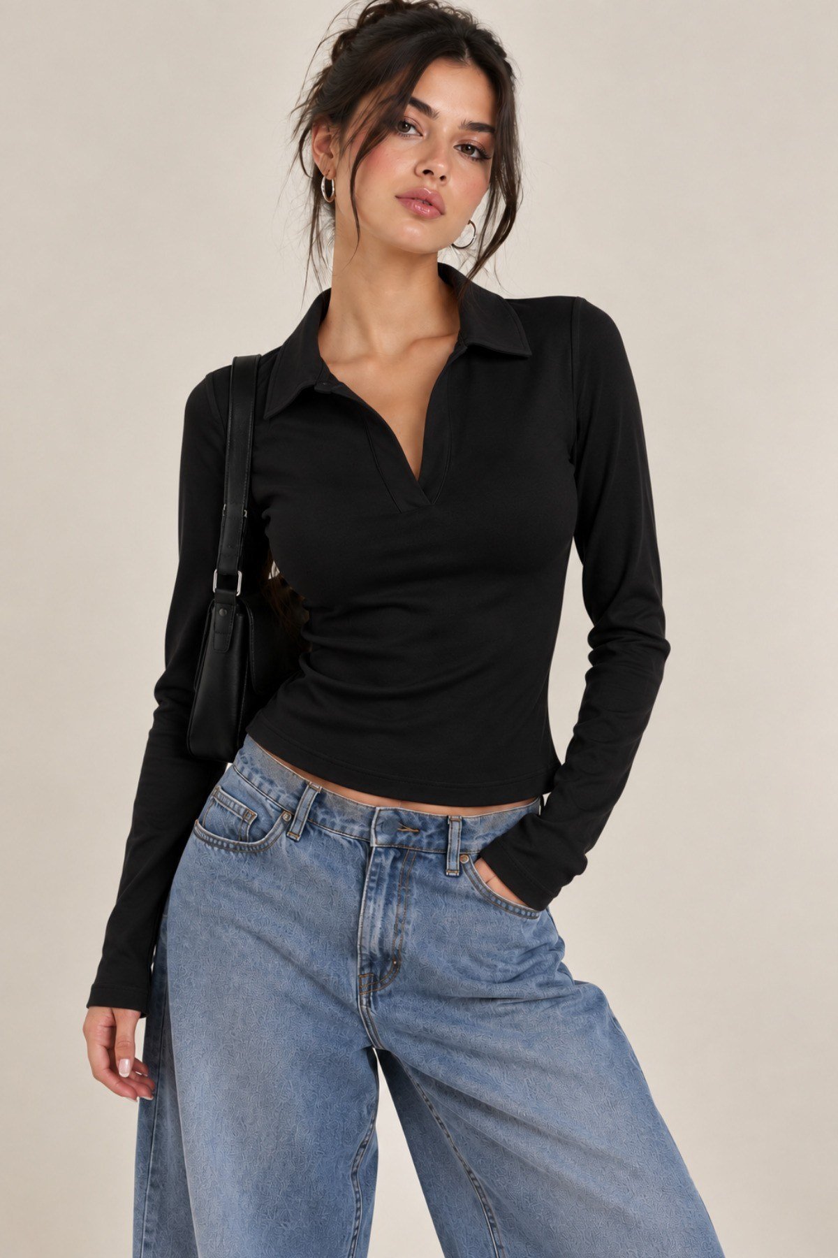 Tarz CoolT-shirtTC-PL98-01BYMKadın Slim Fit Polo Yaka Uzun Kollu Tişört Likralı Esnek Basic Bluz