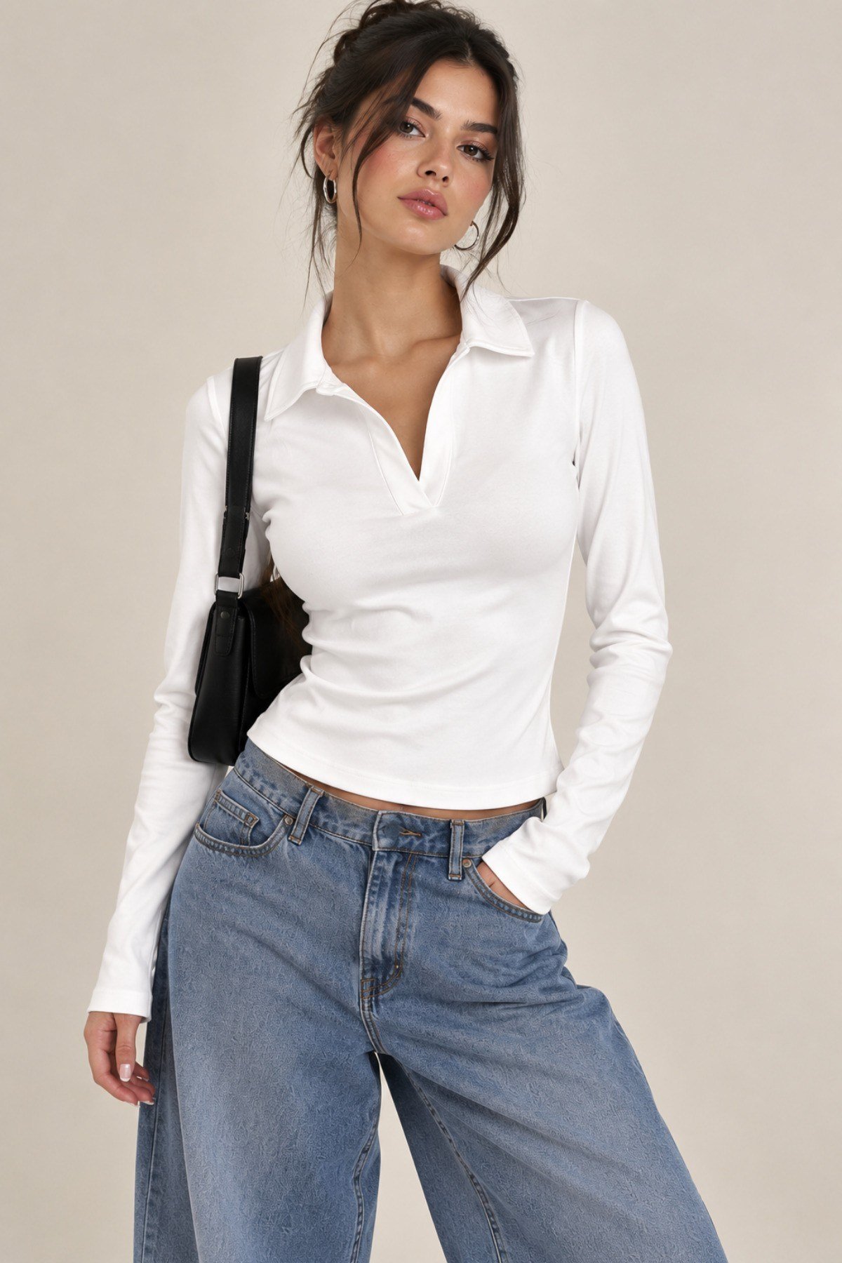 Tarz CoolT-shirtTC-PL98-01BYMKadın Slim Fit Polo Yaka Uzun Kollu Tişört Likralı Esnek Basic Bluz