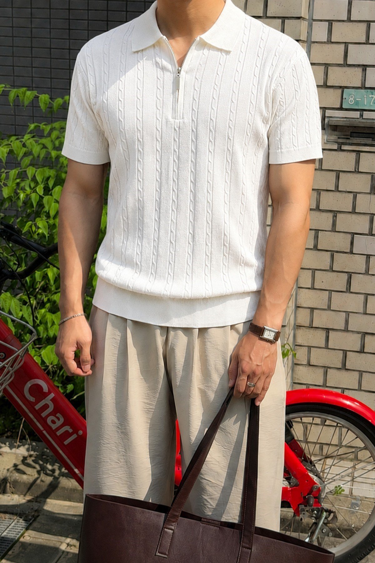 Tarz CoolT-shirtTC-TRRK-2687-Haki-MErkek Slim Fit Fermuarlı Polo Yaka Saç Örgü Desenli Triko Tişört – Yazlık Pamuklu Esnek Örme