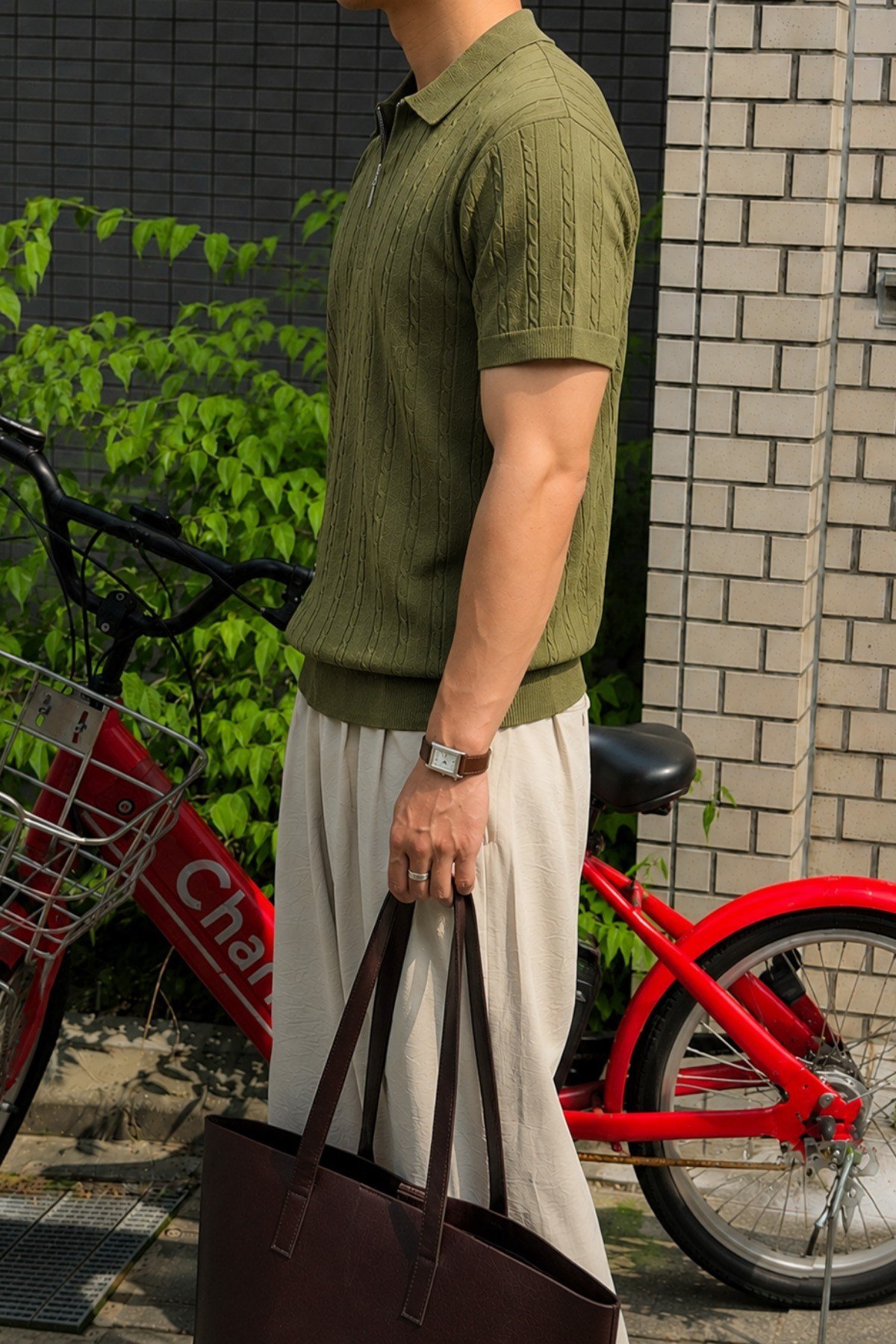 Tarz CoolT-shirtTC-TRRK-2687-Haki-MErkek Slim Fit Fermuarlı Polo Yaka Saç Örgü Desenli Triko Tişört – Yazlık Pamuklu Esnek Örme
