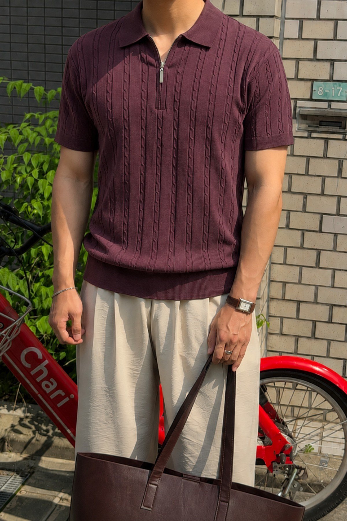 Tarz CoolT-shirtTC-TRRK-2687-Haki-MErkek Slim Fit Fermuarlı Polo Yaka Saç Örgü Desenli Triko Tişört – Yazlık Pamuklu Esnek Örme