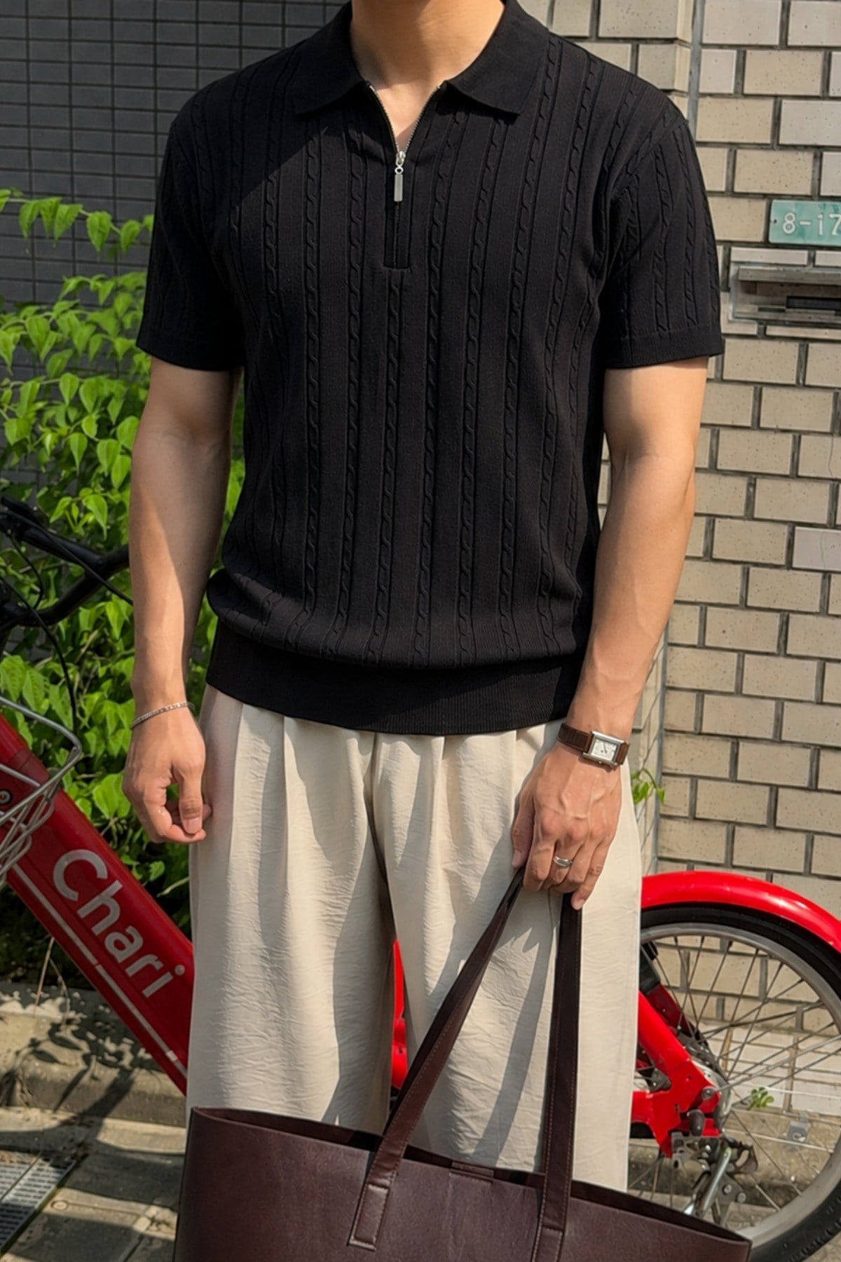 Tarz CoolT-shirtTC-TRRK-2687-Haki-MErkek Slim Fit Fermuarlı Polo Yaka Saç Örgü Desenli Triko Tişört – Yazlık Pamuklu Esnek Örme