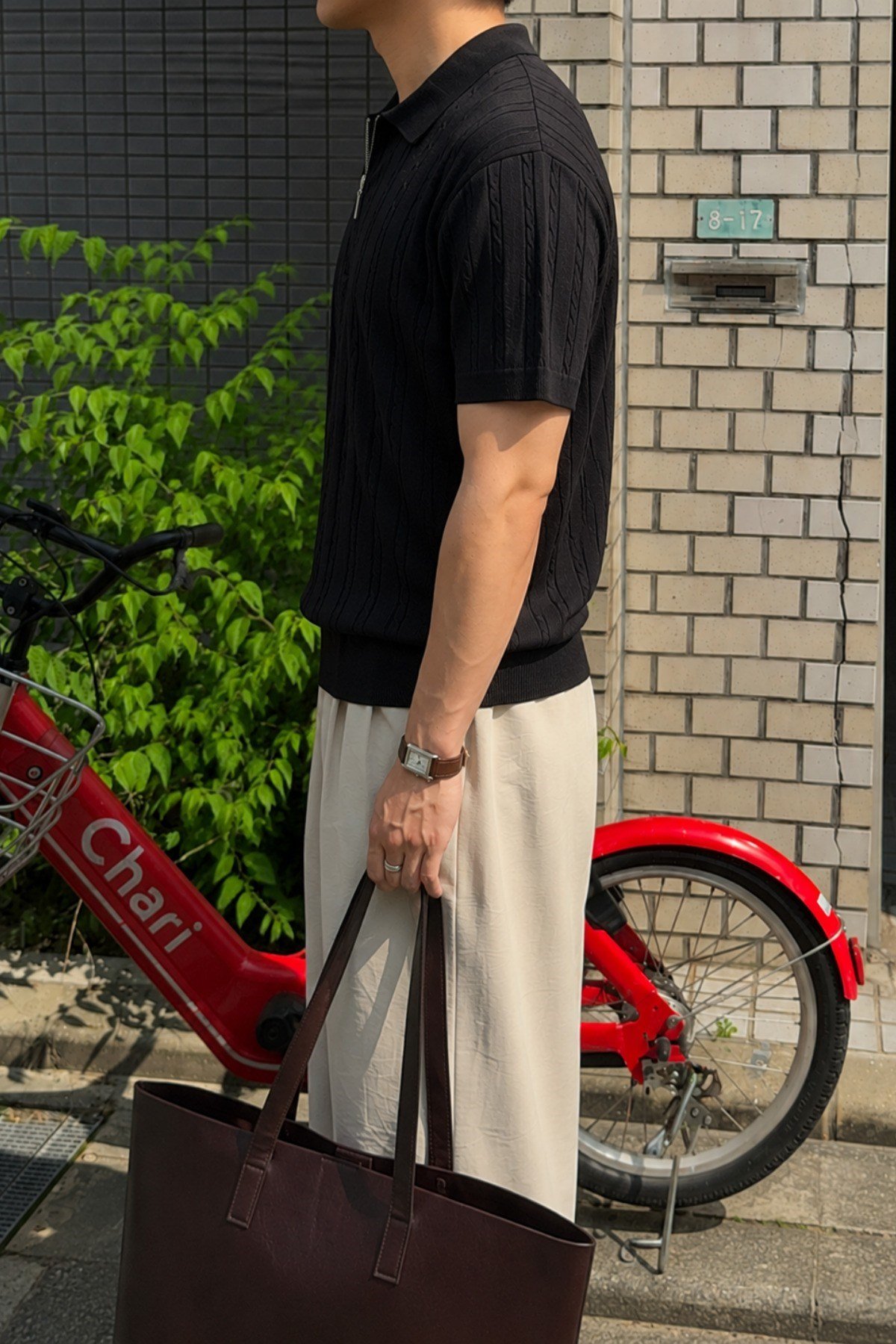 Tarz CoolT-shirtTC-TRRK-2687-Haki-MErkek Slim Fit Fermuarlı Polo Yaka Saç Örgü Desenli Triko Tişört – Yazlık Pamuklu Esnek Örme