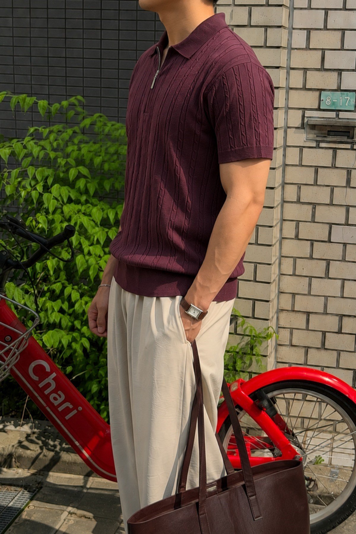 Tarz CoolT-shirtTC-TRRK-2687-Haki-MErkek Slim Fit Fermuarlı Polo Yaka Saç Örgü Desenli Triko Tişört – Yazlık Pamuklu Esnek Örme