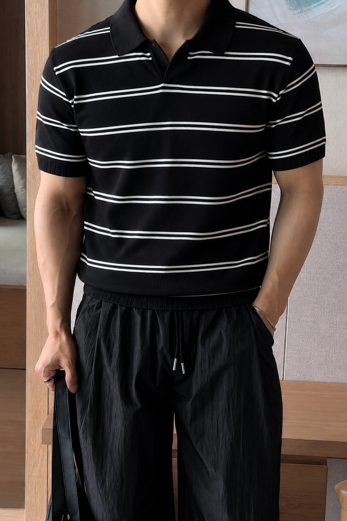 Tarz CoolT-shirtTC-VSK-2687-Haki-LErkek Çizgili Polo Yaka Viskon Triko Tişört – Slim Fit Yazlık Şık Triko Polo