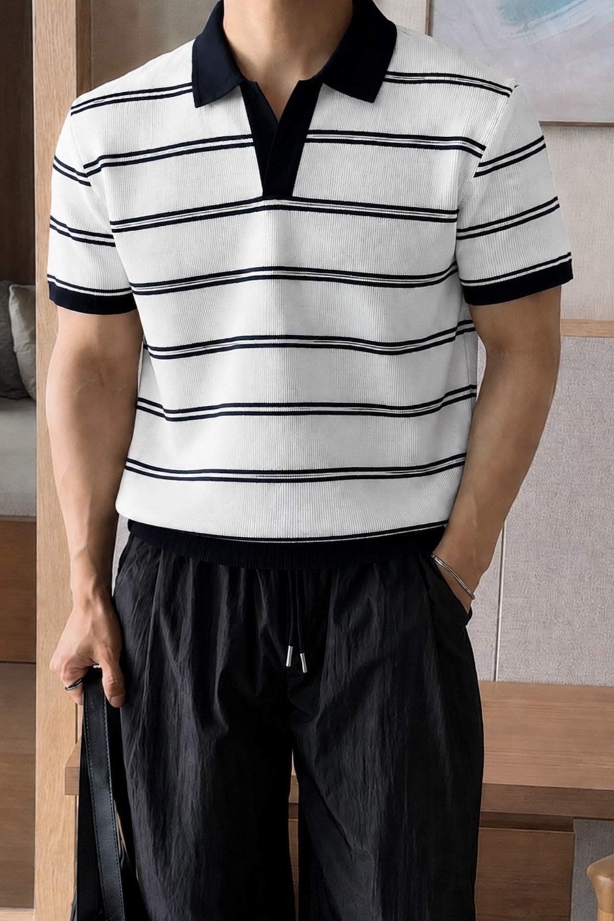 Tarz CoolT-shirtTC-VSK-2687-Haki-LErkek Çizgili Polo Yaka Viskon Triko Tişört – Slim Fit Yazlık Şık Triko Polo