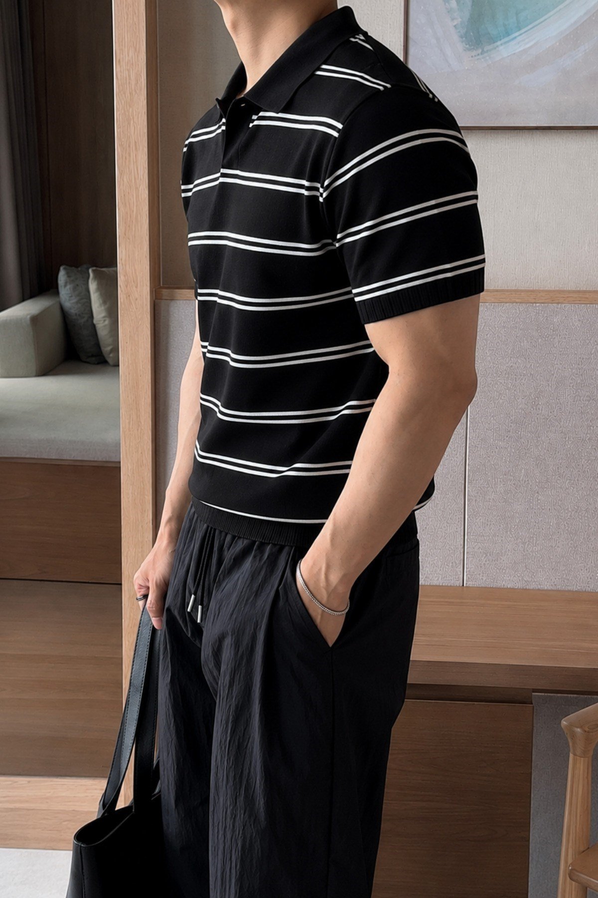 Tarz CoolT-shirtTC-VSK-2687-Haki-LErkek Çizgili Polo Yaka Viskon Triko Tişört – Slim Fit Yazlık Şık Triko Polo