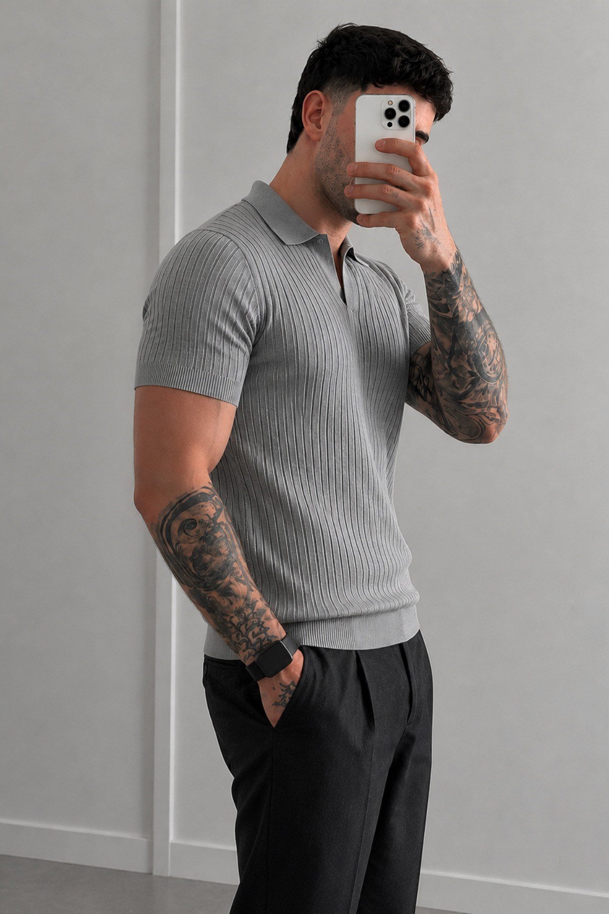 Tarz CoolT-shirtTC1969-026-Haki-SPremium Fitilli Triko Polo Yaka Erkek Old Money T-Shirt
