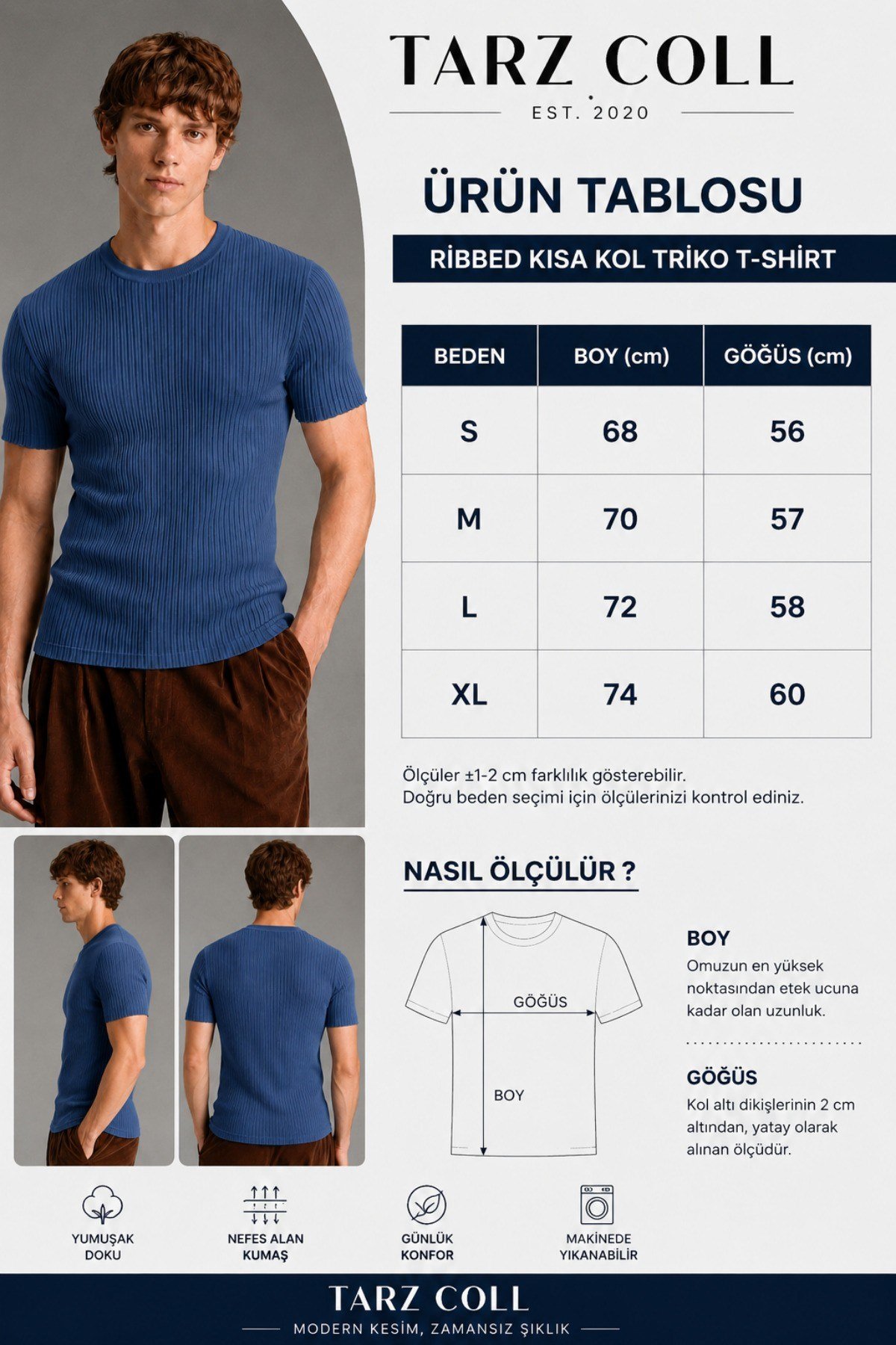 Tarz CoolT-shirtTC25007-Siyah-XLErkek Fitilli Likralı Slim Fit Bisiklet Yaka Tişört