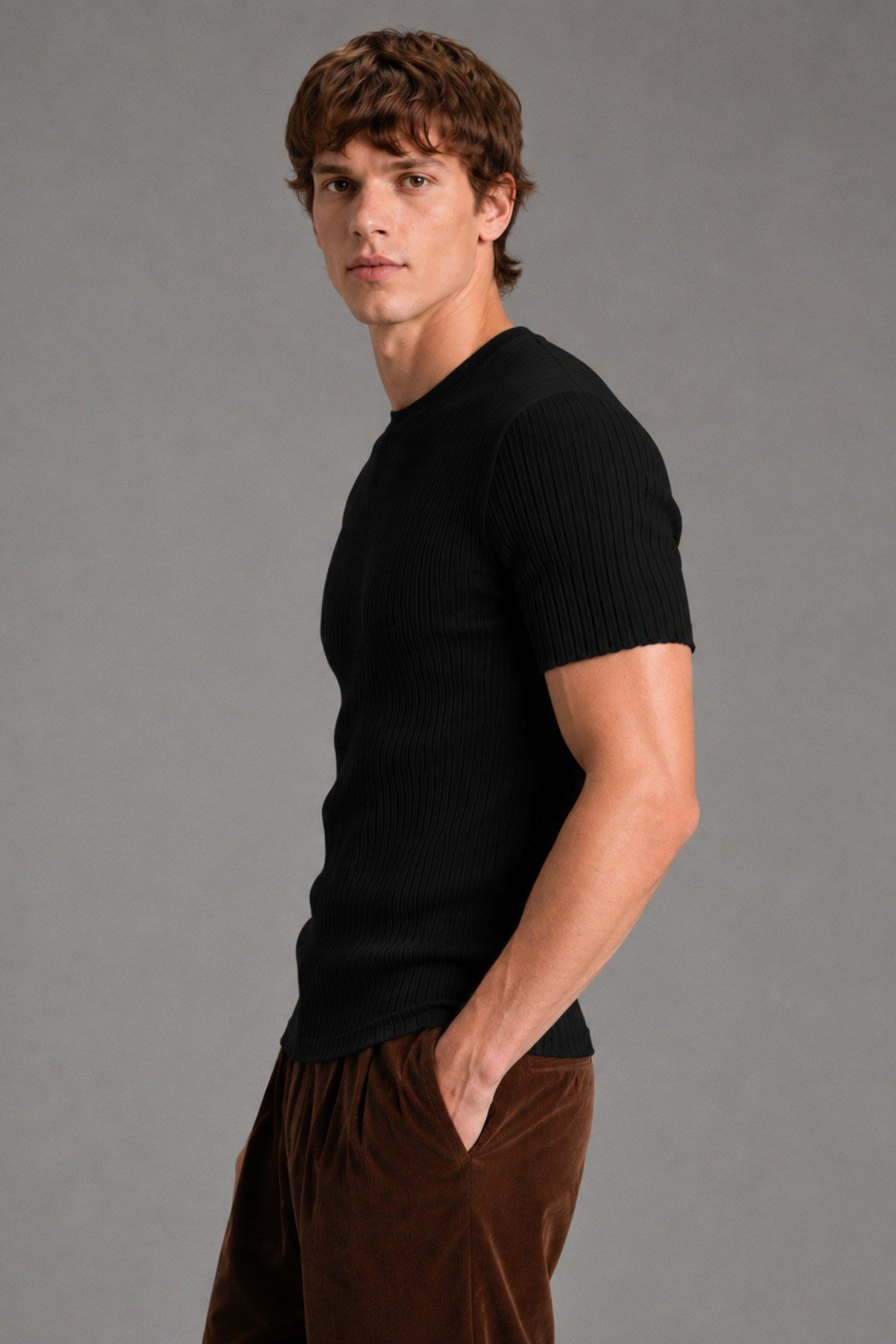 Tarz CoolT-shirtTC25007-Siyah-XLErkek Fitilli Likralı Slim Fit Bisiklet Yaka Tişört