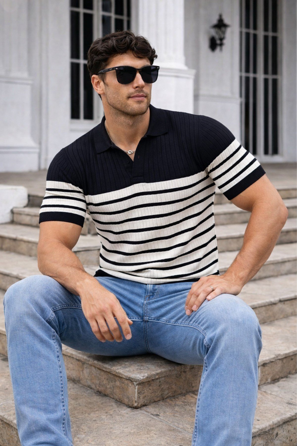 Tarz CoolT-shirtTR2471-SY-XLErkek Çizgili Triko Polo Yaka Slim Fit T-Shirt