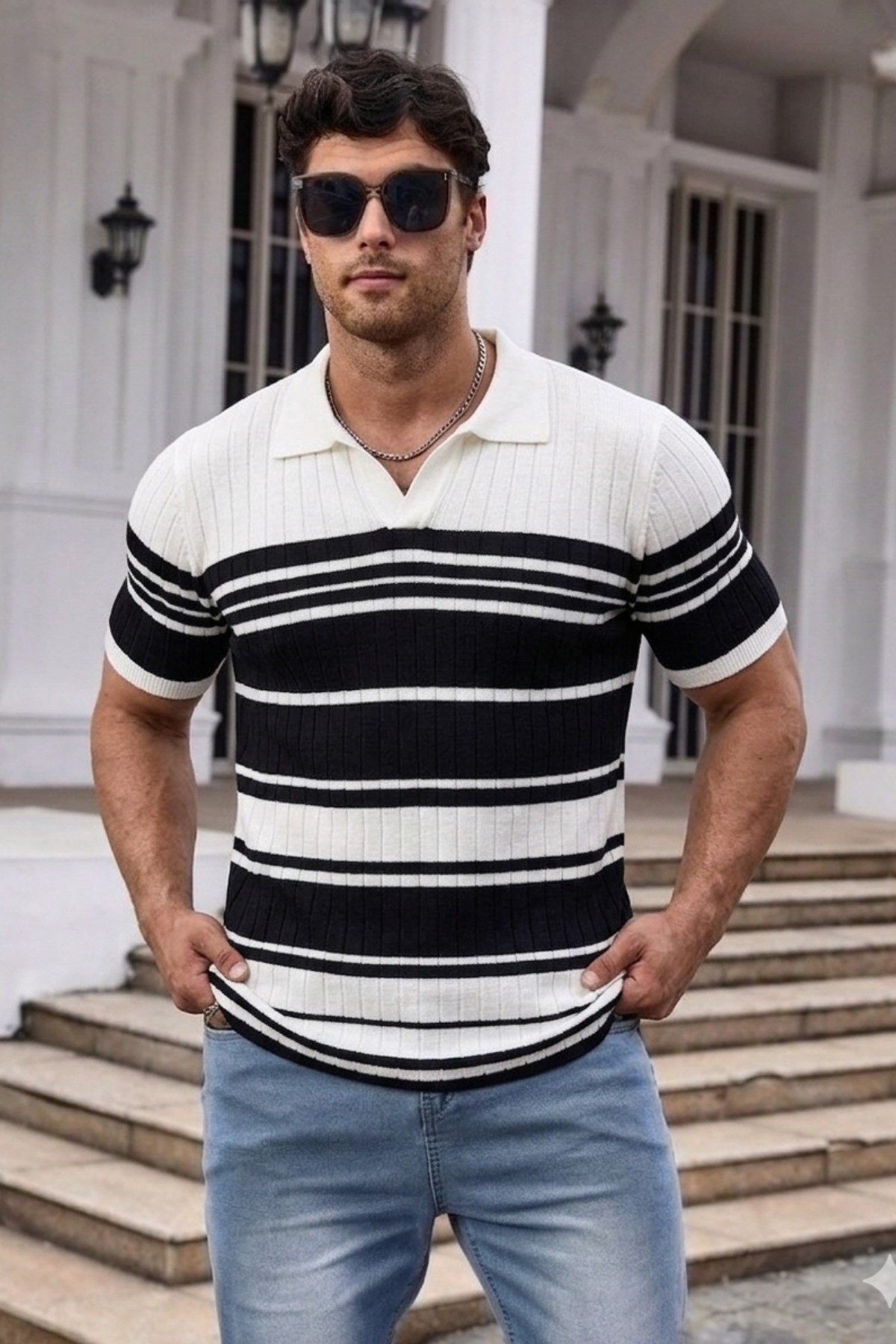 Tarz CoolT-shirtTR2471-SY-XLErkek Çizgili Triko Polo Yaka Slim Fit T-Shirt