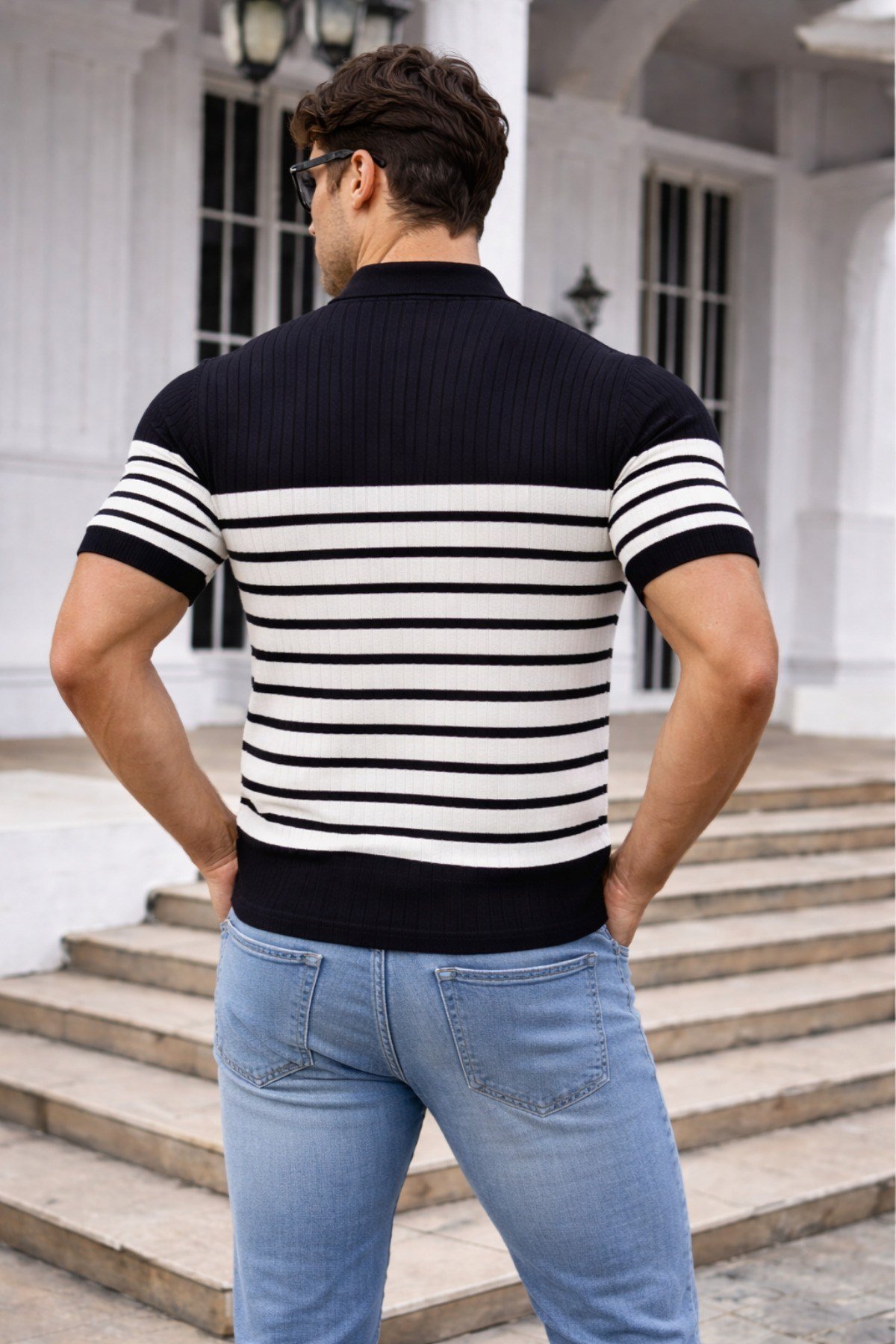 Tarz CoolT-shirtTR2471-SY-XLErkek Çizgili Triko Polo Yaka Slim Fit T-Shirt