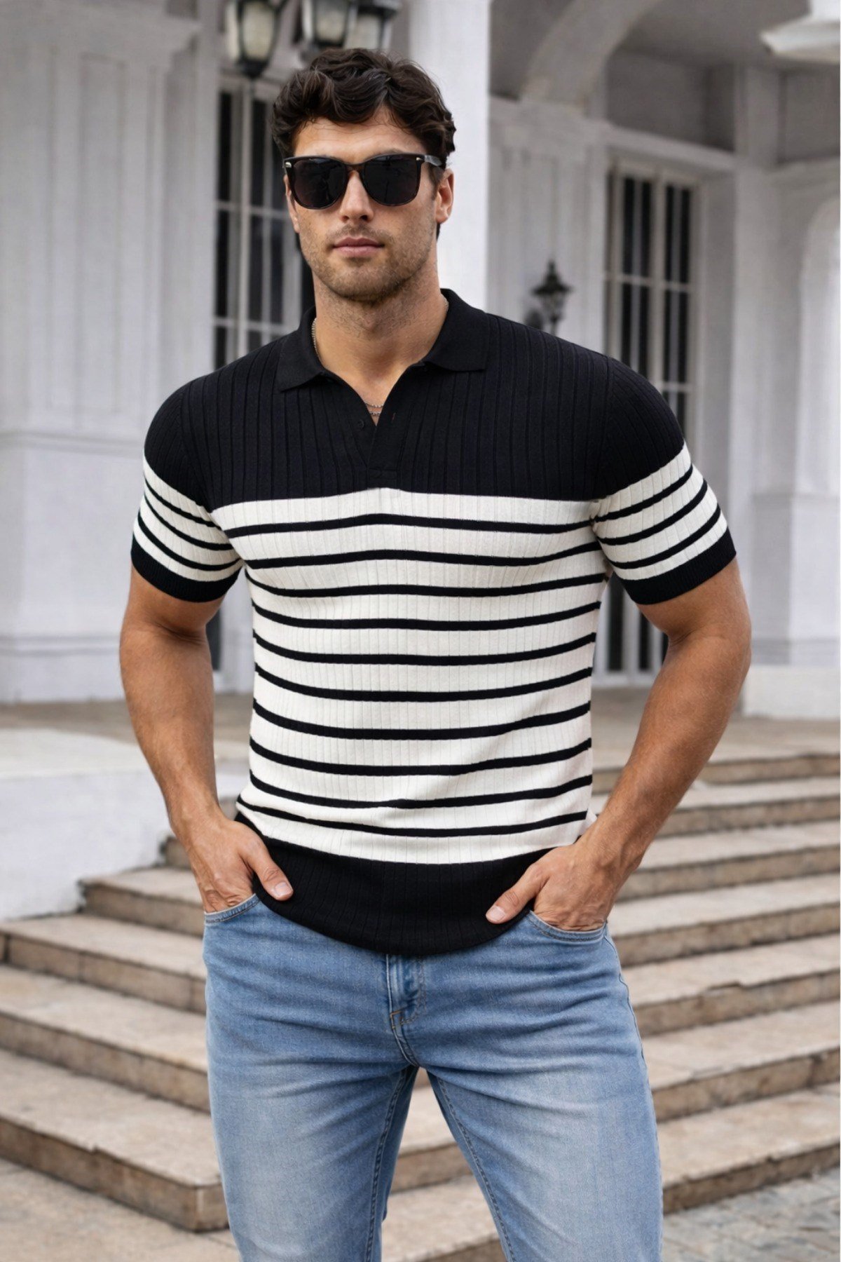 Tarz CoolT-shirtTR2471-SY-XLErkek Çizgili Triko Polo Yaka Slim Fit T-Shirt