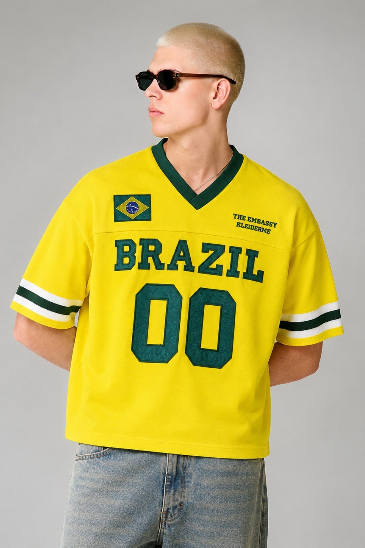 Tarz CoolT-shirtTRK-ULKE-026-Mavi-LErkek Argentina Nakışlı Oversize V Yaka Triko T-Shirt