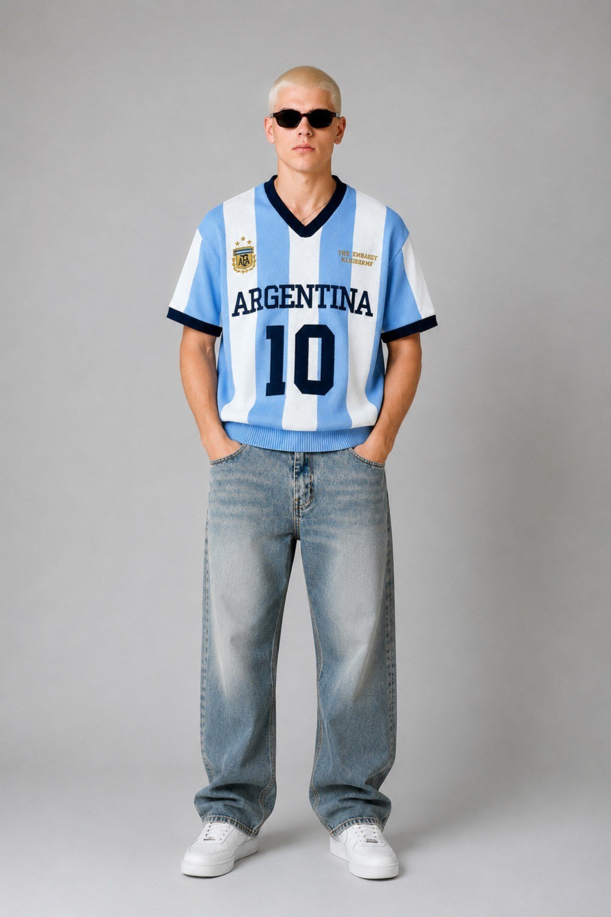 Tarz CoolT-shirtTRK-ULKE-026-Mavi-LErkek Argentina Nakışlı Oversize V Yaka Triko T-Shirt