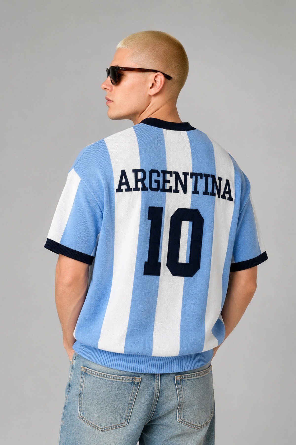 Tarz CoolT-shirtTRK-ULKE-026-Mavi-LErkek Argentina Nakışlı Oversize V Yaka Triko T-Shirt