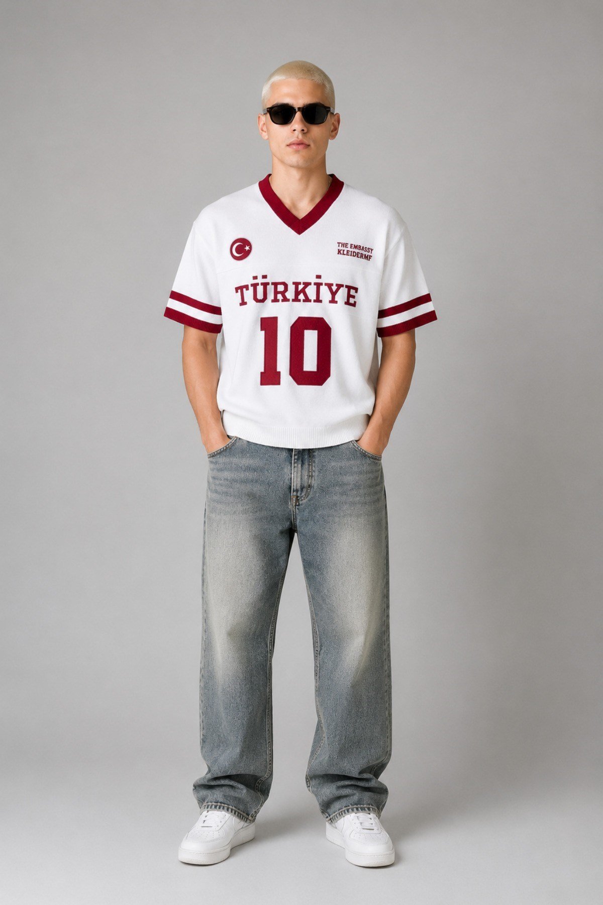 Tarz CoolT-shirtTRK-ULKE-026-Mavi-LErkek Argentina Nakışlı Oversize V Yaka Triko T-Shirt