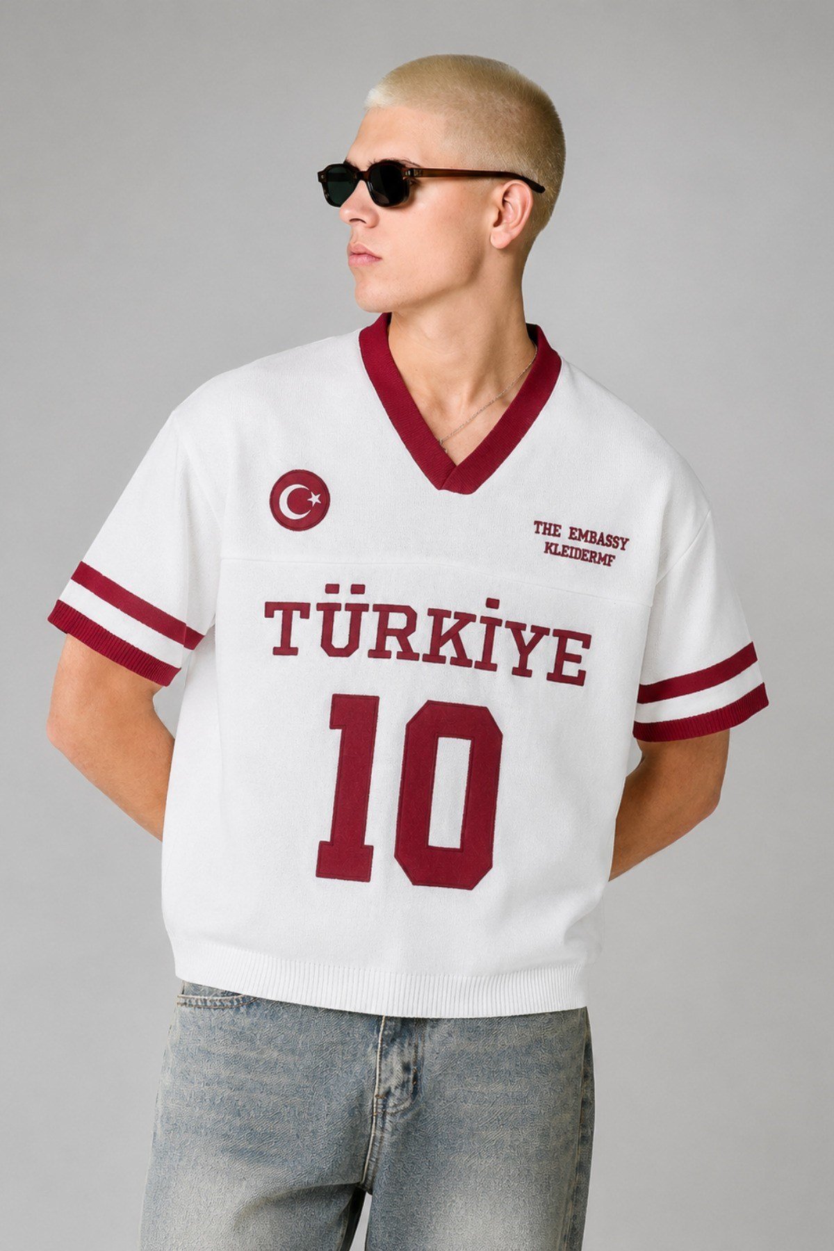 Tarz CoolT-shirtTRK-ULKE-026-Mavi-LErkek Argentina Nakışlı Oversize V Yaka Triko T-Shirt