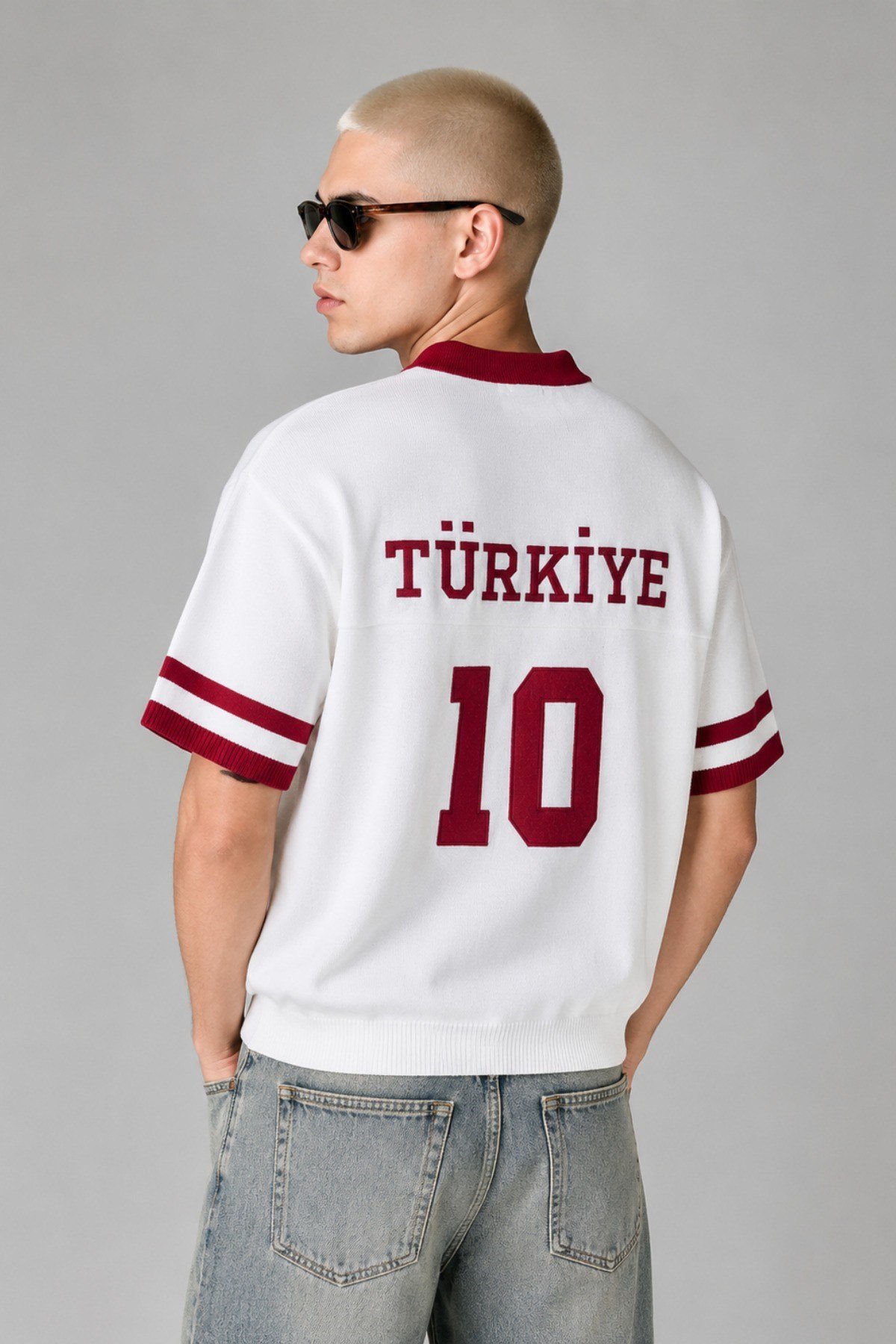 Tarz CoolT-shirtTRK-ULKE-026-Mavi-LErkek Argentina Nakışlı Oversize V Yaka Triko T-Shirt