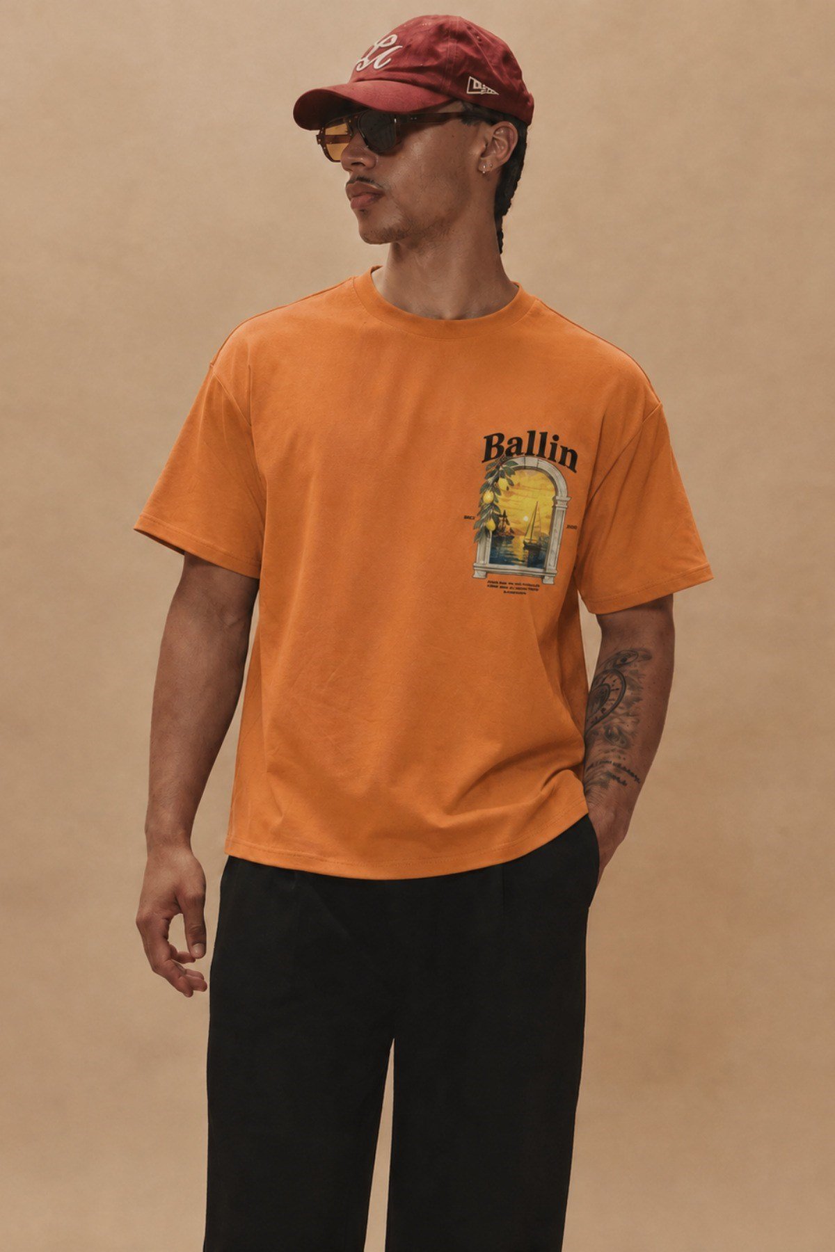 Tarz CoolT-shirtTRZ-BALLIN-01-Beyaz-LErkek Oversize Ön Ve Arka Baskılı Bisiklet Yaka %100 Pamuk Tişört