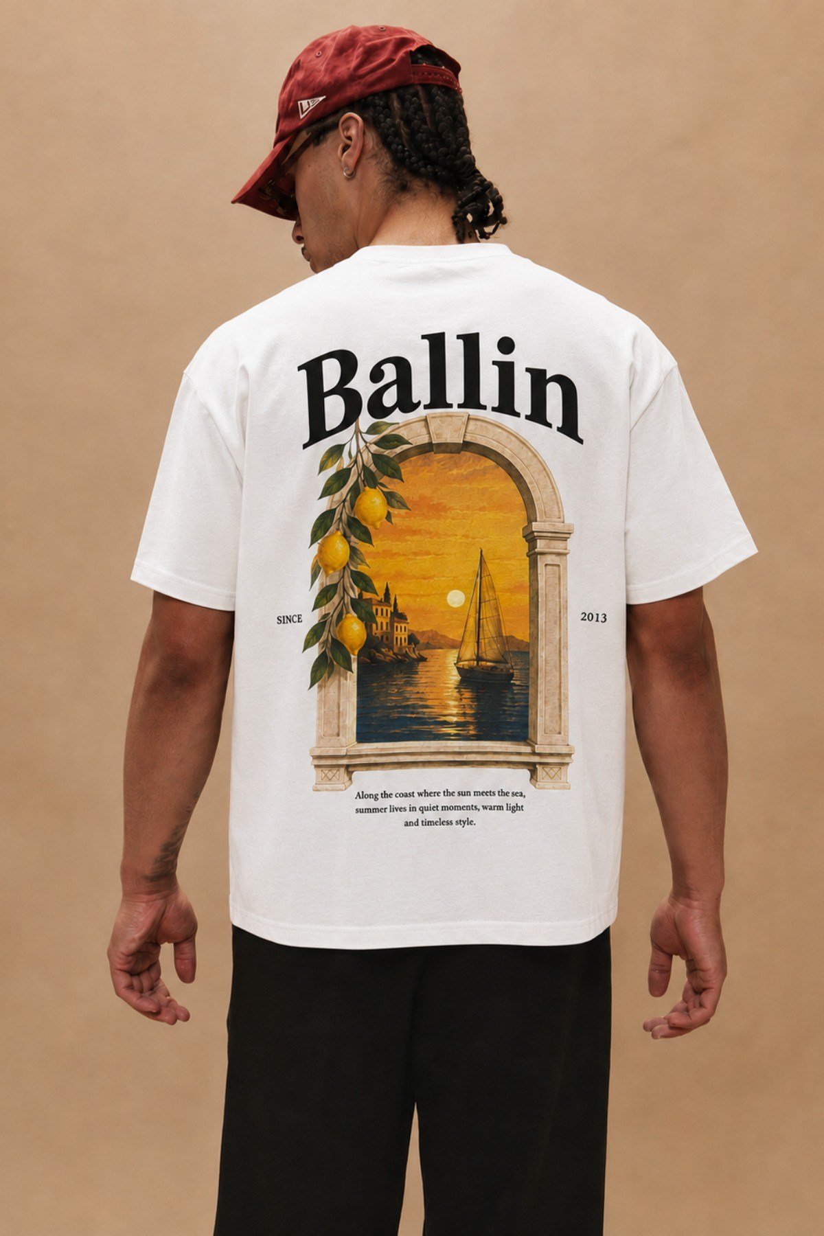 Tarz CoolT-shirtTRZ-BALLIN-01-Beyaz-LErkek Oversize Ön Ve Arka Baskılı Bisiklet Yaka %100 Pamuk Tişört