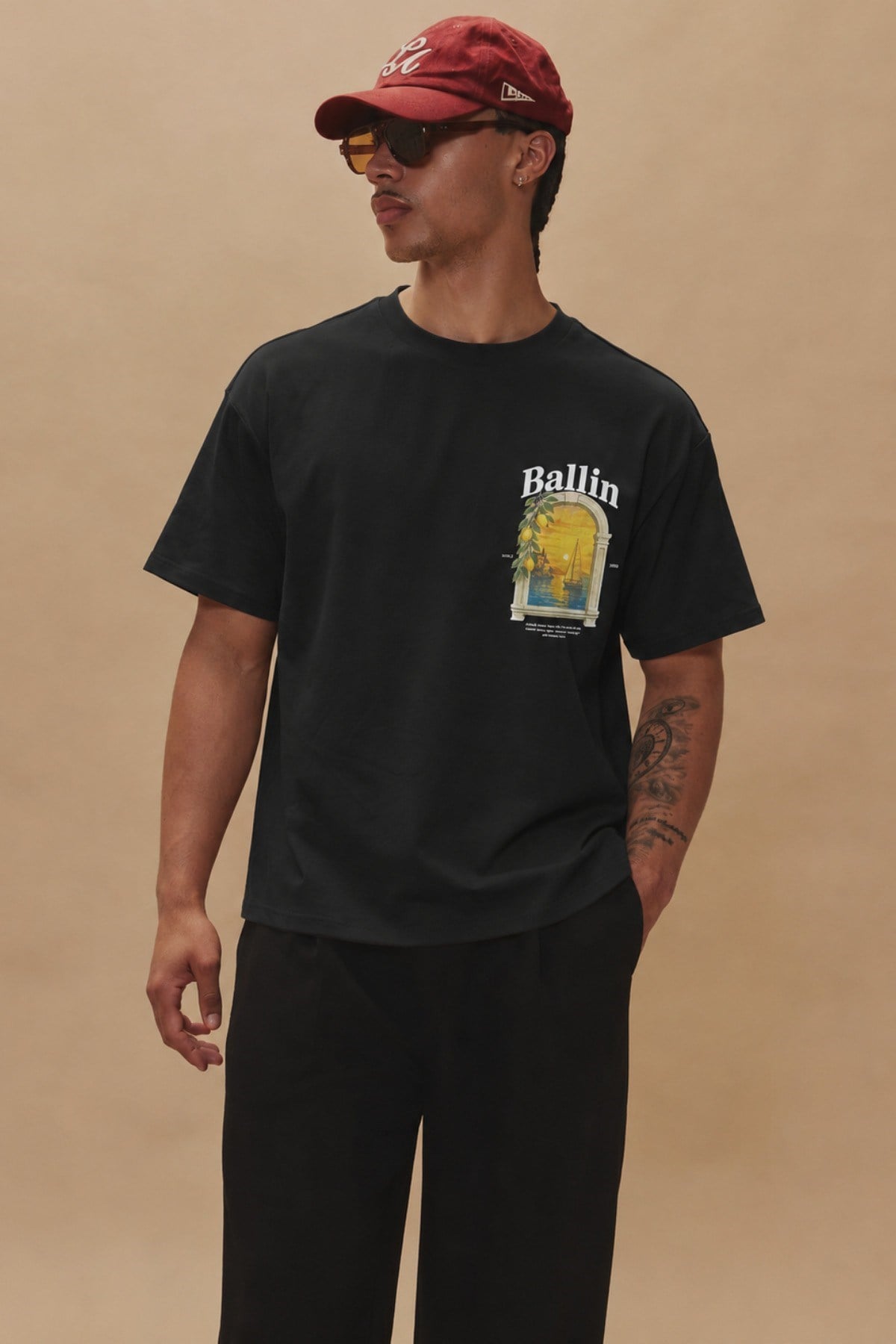 Tarz CoolT-shirtTRZ-BALLIN-01-Beyaz-LErkek Oversize Ön Ve Arka Baskılı Bisiklet Yaka %100 Pamuk Tişört